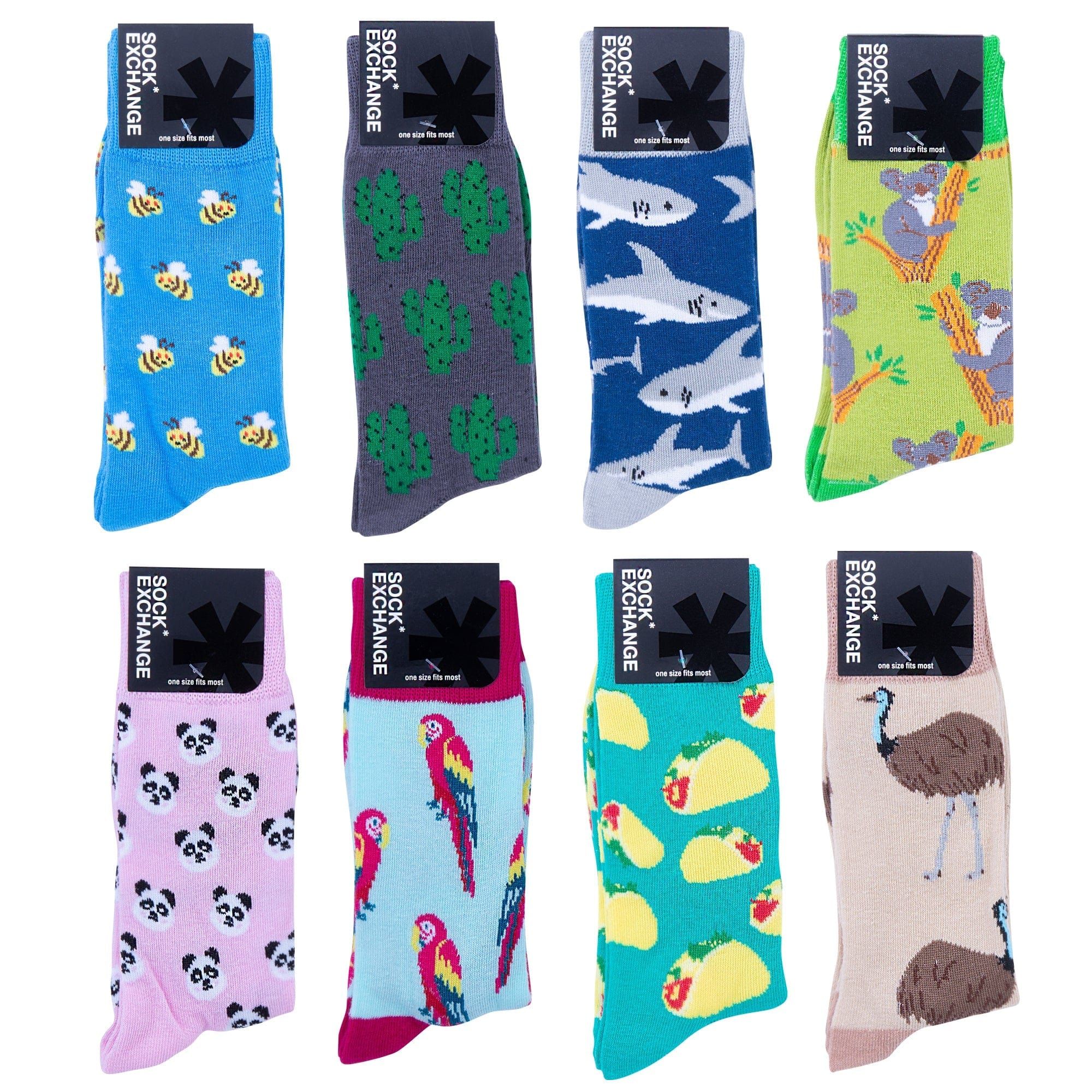 Assorted novelty crew socks with colorful nature and animal prints, including cacti and birds
