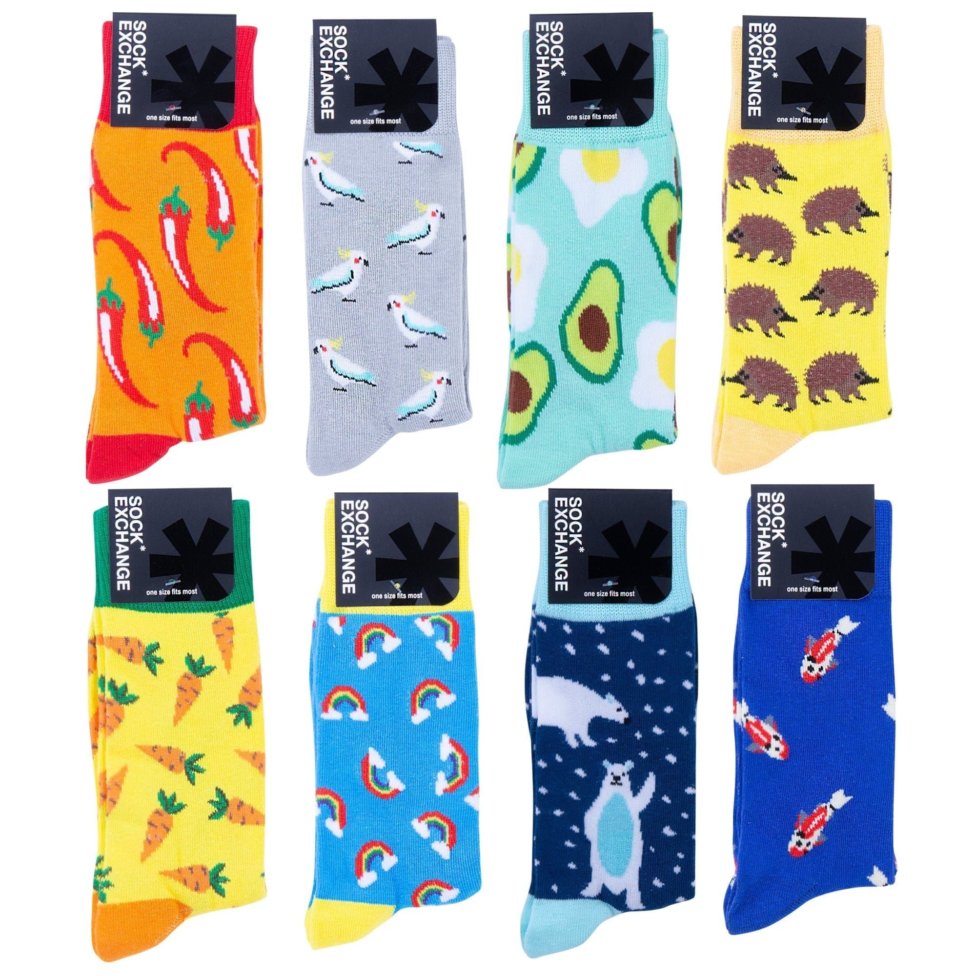 Assorted novelty crew socks with colorful flame, bird, avocado, and dinosaur style prints