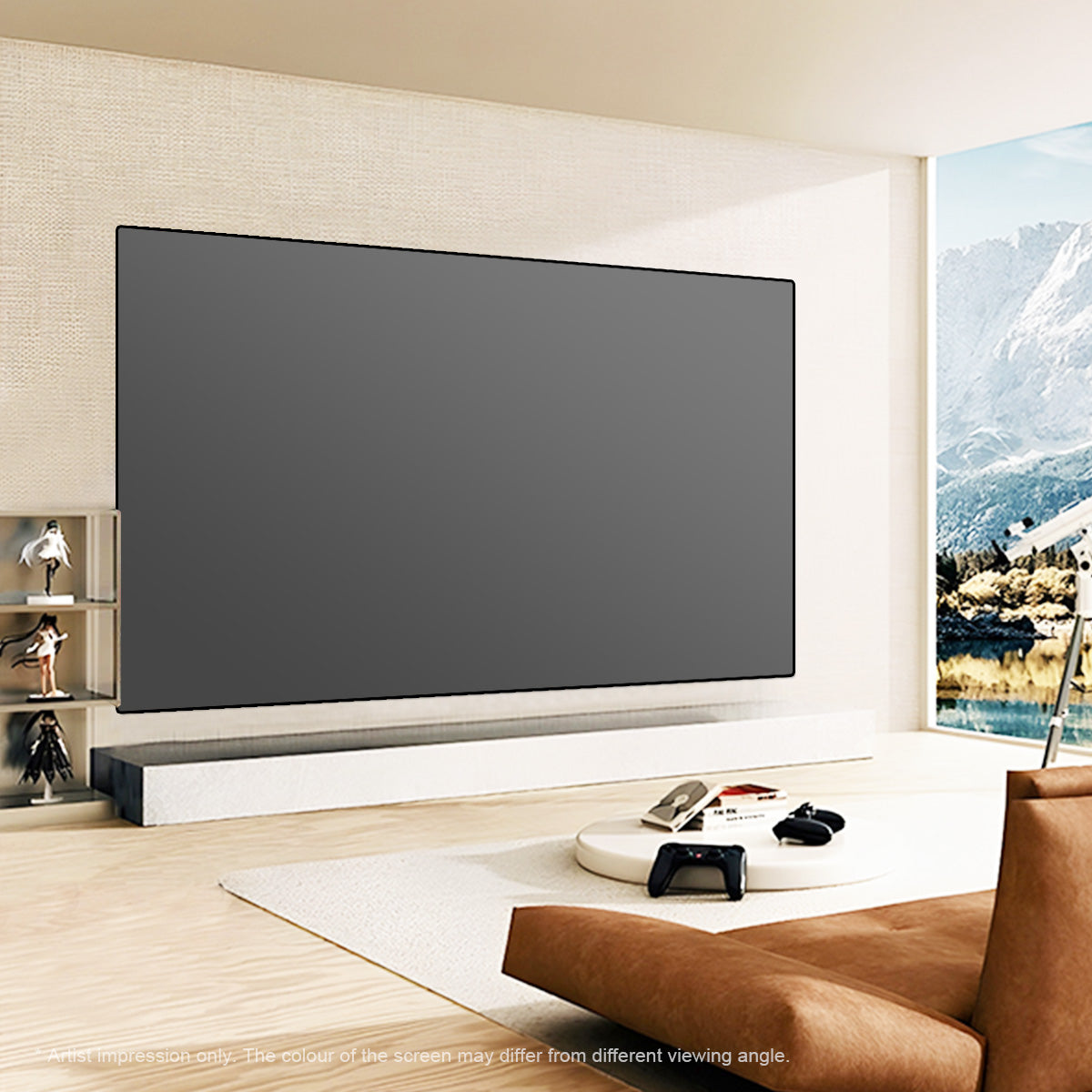 Wall-mounted Fresnel projection screen with black viewing surface in a living room