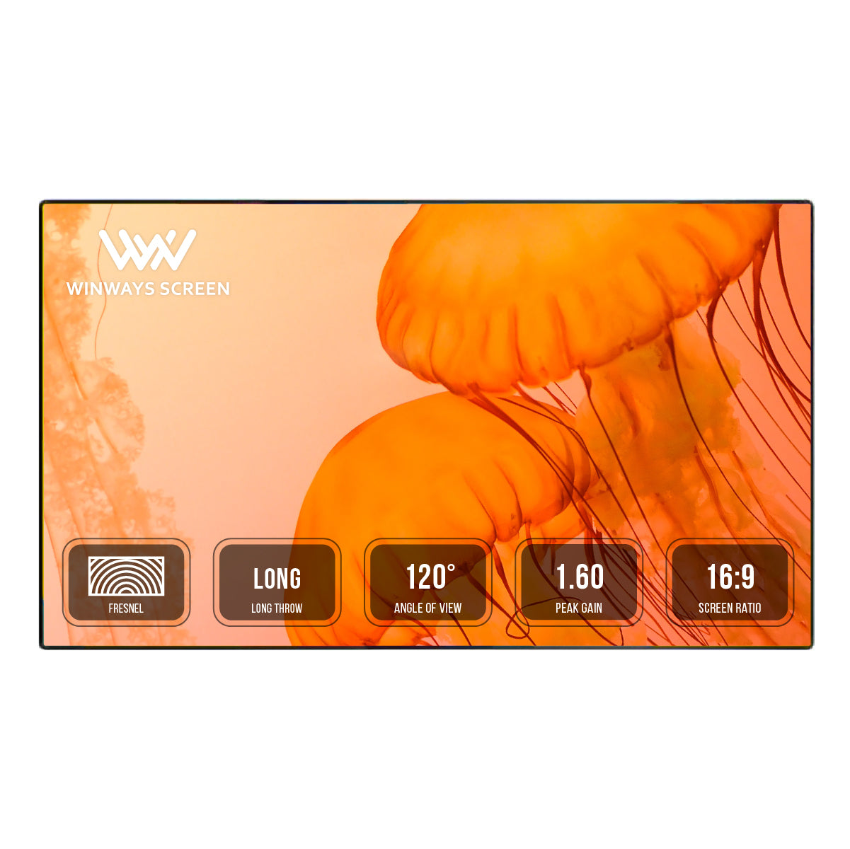 ALR Fresnel projector screen with 16:9, 120° view, and long throw icons