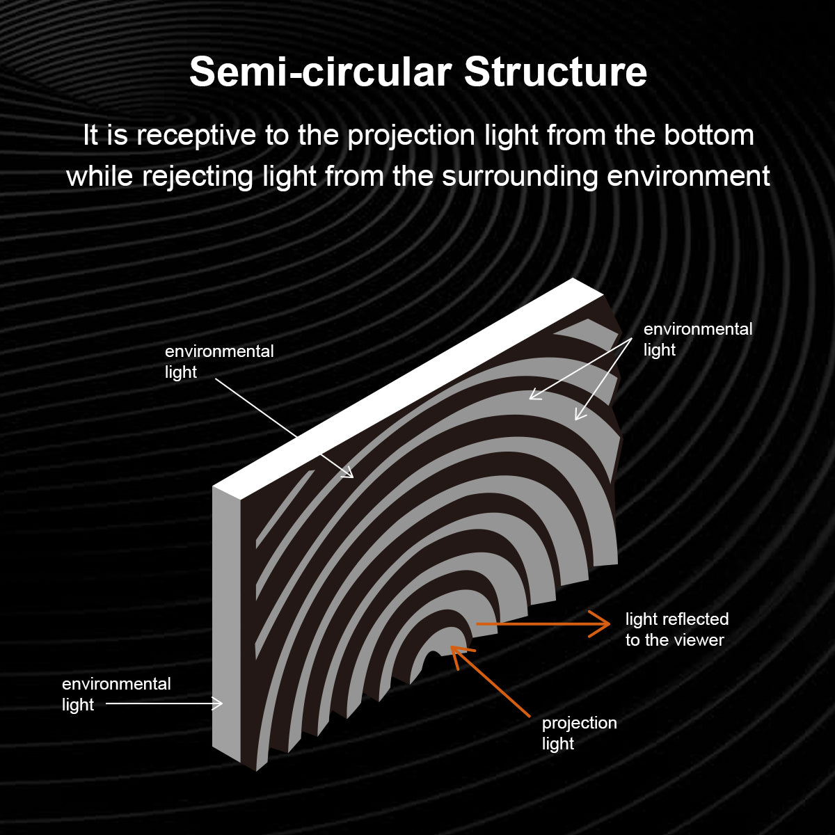 Semi-circular projector screen structure diagram showing reflected projection light to viewer