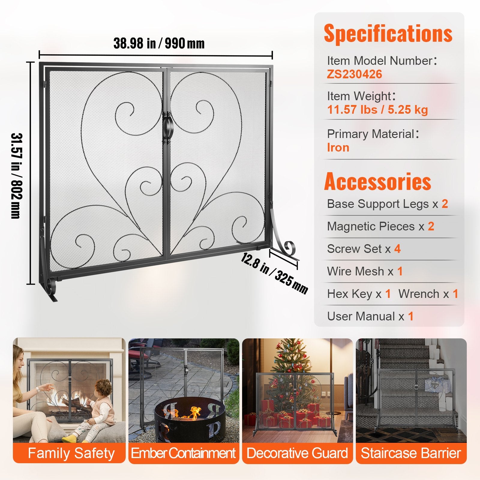 VEVOR 990x802MM Fireplace Screen 2-Panel Iron Mesh Spark Guard Vintage Black