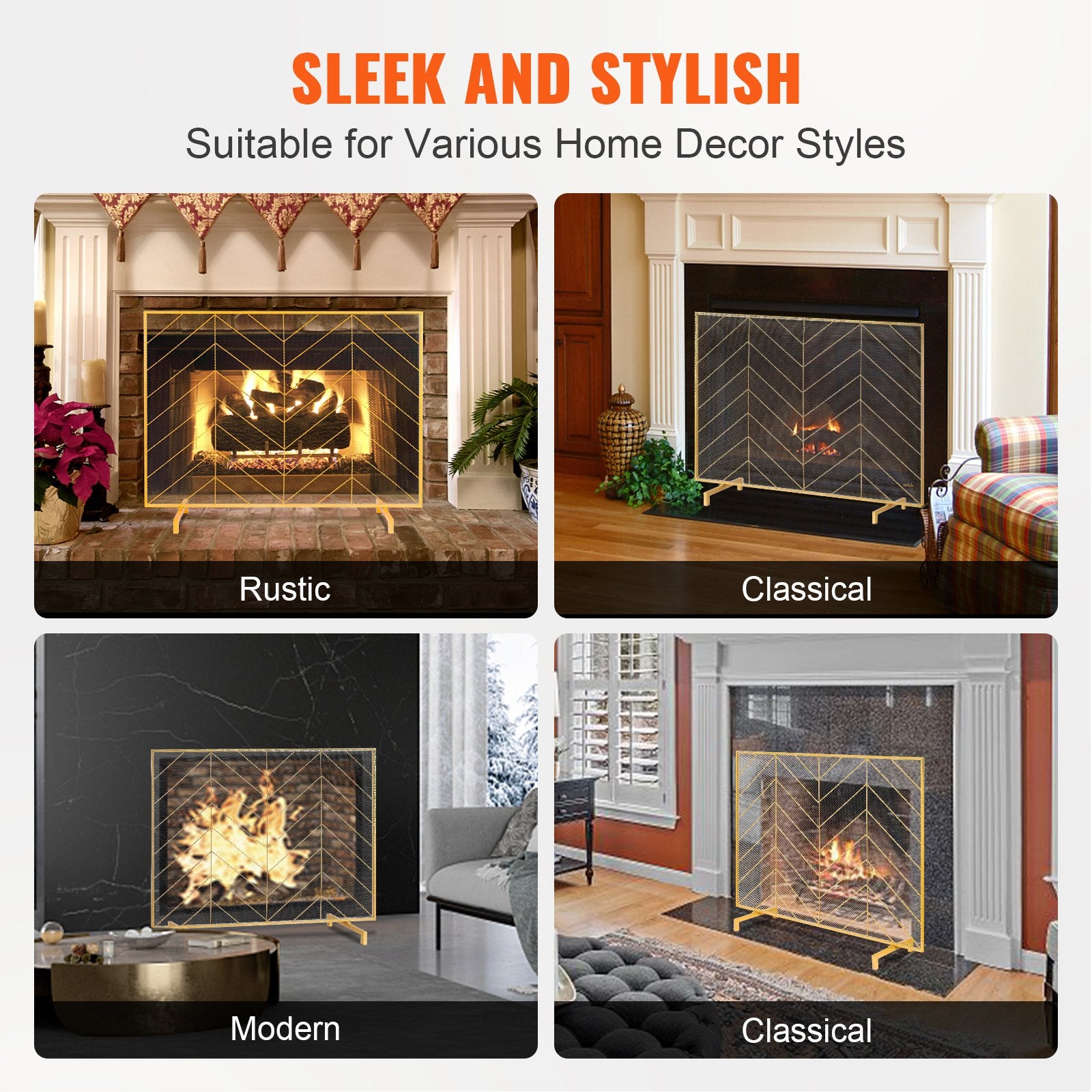 VEVOR 980x758MM Fireplace Screen 1-Panel Iron Mesh Spark Guard Modern Gold