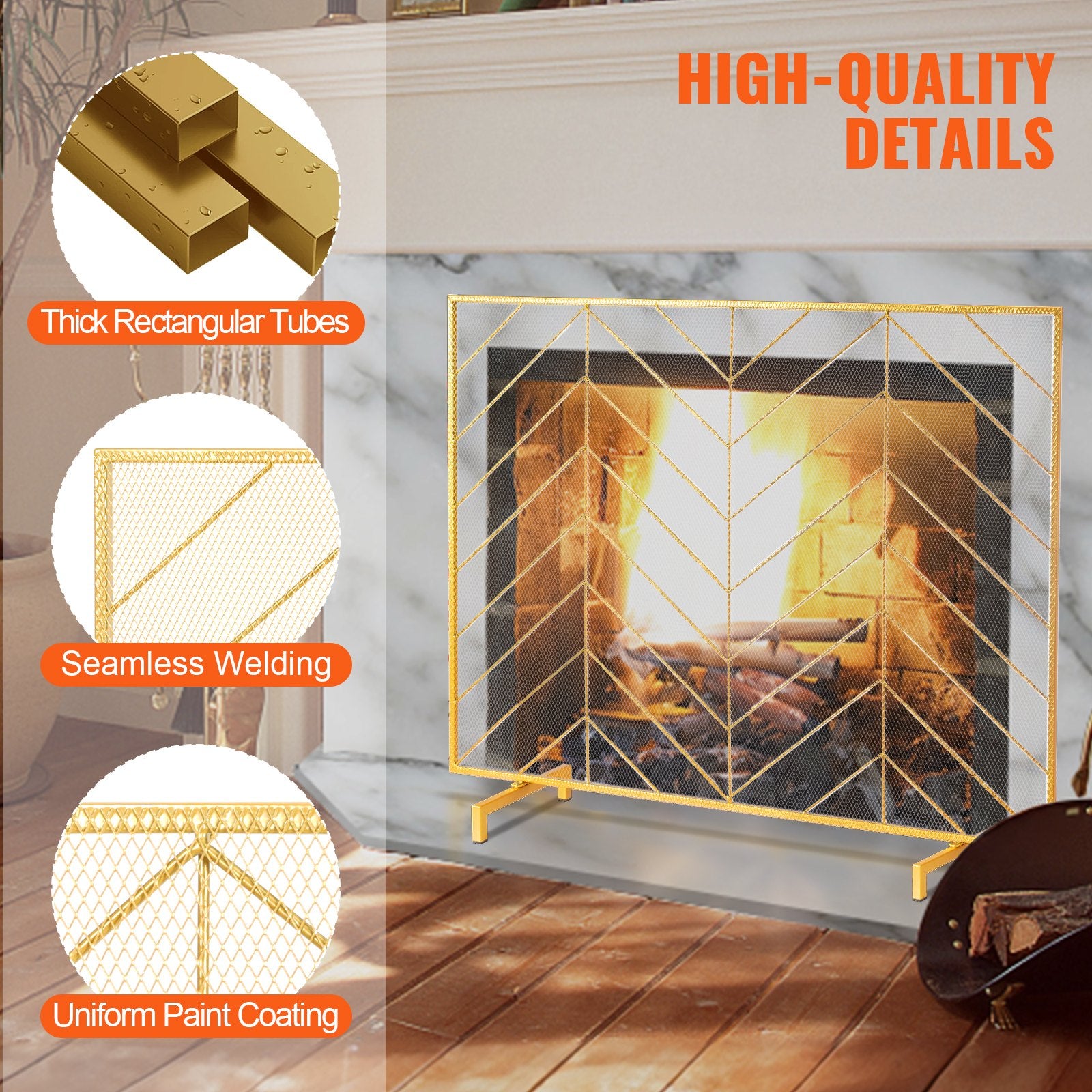VEVOR 980x758MM Fireplace Screen 1-Panel Iron Mesh Spark Guard Modern Gold