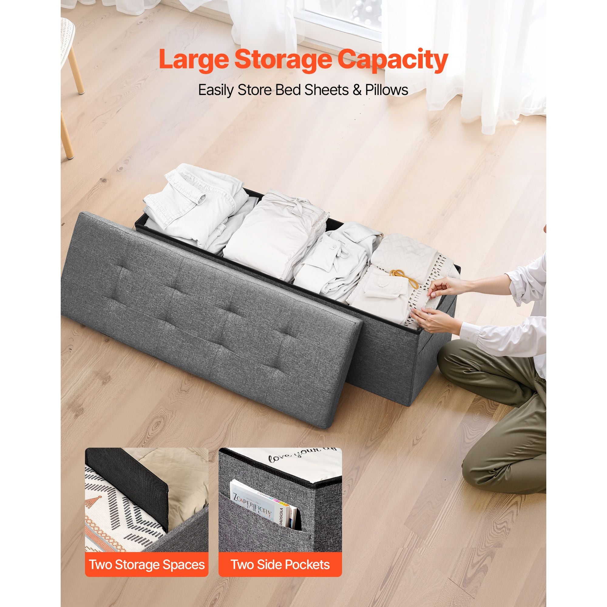 Foldable Storage Ottoman Bench, End of Bed Bench with Side Bags, Folding Upholstered Storage Chest Supports 660 lbs, Linen Bed Ottoman with Large Space for Living Room, Bedroom, Entryway, Grey Bedworld