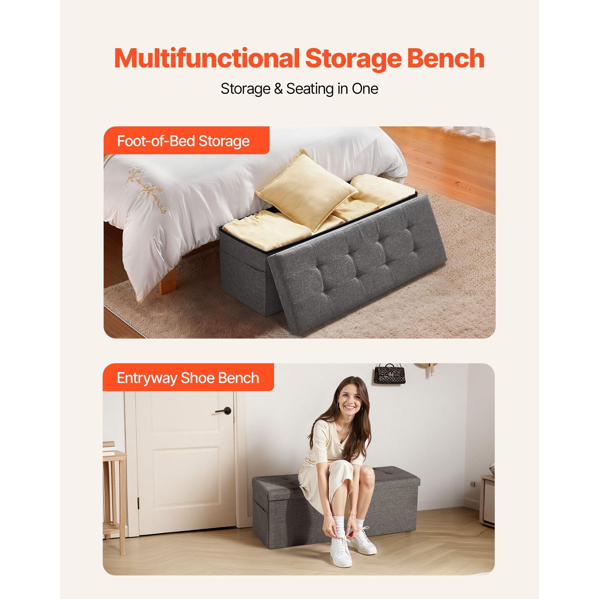 Foldable Storage Ottoman Bench, End of Bed Bench with Side Bags, Folding Upholstered Storage Chest Supports 660 lbs, Linen Bed Ottoman with Large Space for Living Room, Bedroom, Entryway, Grey Bedworld