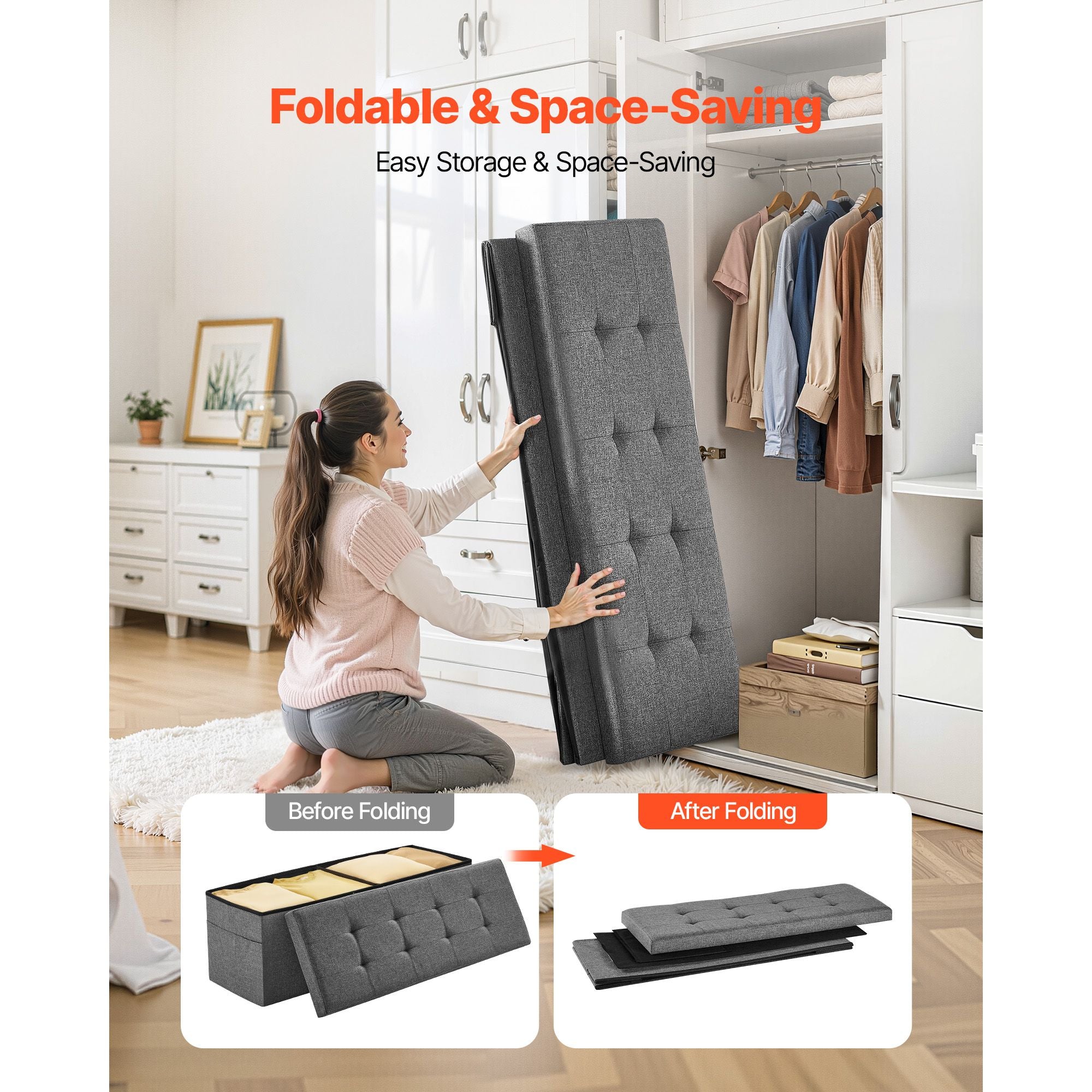 Foldable Storage Ottoman Bench, End of Bed Bench with Side Bags, Folding Upholstered Storage Chest Supports 660 lbs, Linen Bed Ottoman with Large Space for Living Room, Bedroom, Entryway, Grey Bedworld