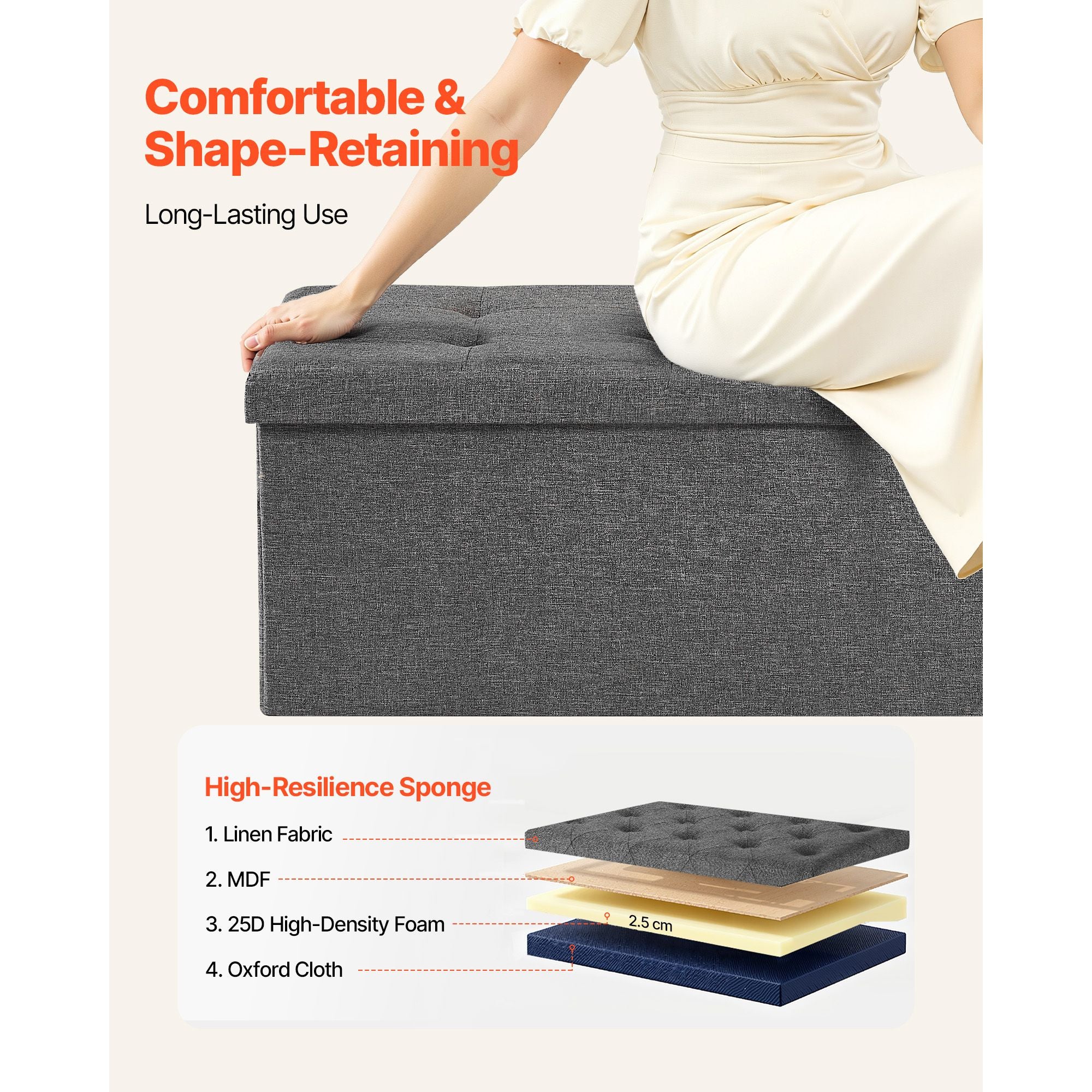 Foldable Storage Ottoman Bench, End of Bed Bench with Side Bags, Folding Upholstered Storage Chest Supports 660 lbs, Linen Bed Ottoman with Large Space for Living Room, Bedroom, Entryway, Grey Bedworld