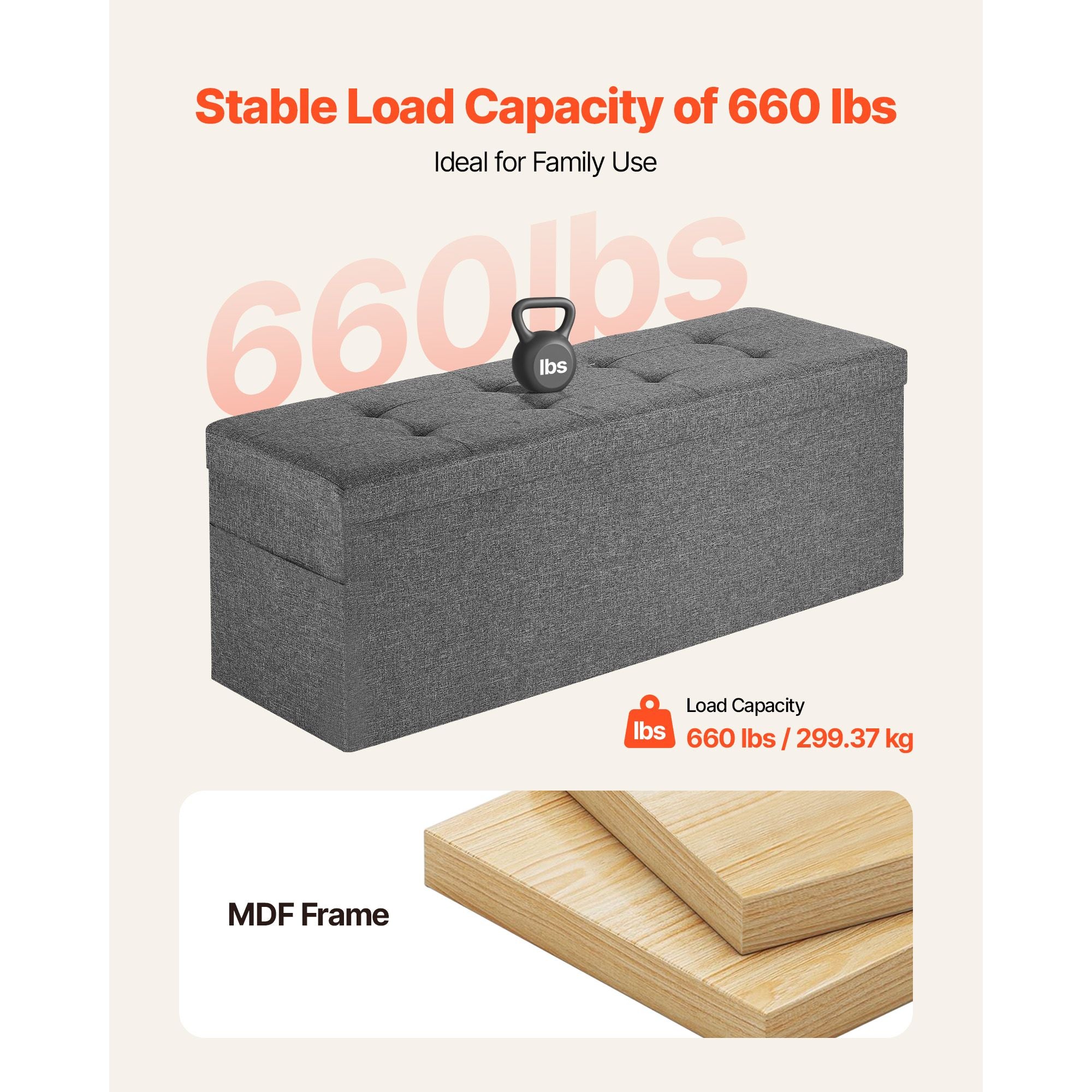 Foldable Storage Ottoman Bench, End of Bed Bench with Side Bags, Folding Upholstered Storage Chest Supports 660 lbs, Linen Bed Ottoman with Large Space for Living Room, Bedroom, Entryway, Grey Bedworld
