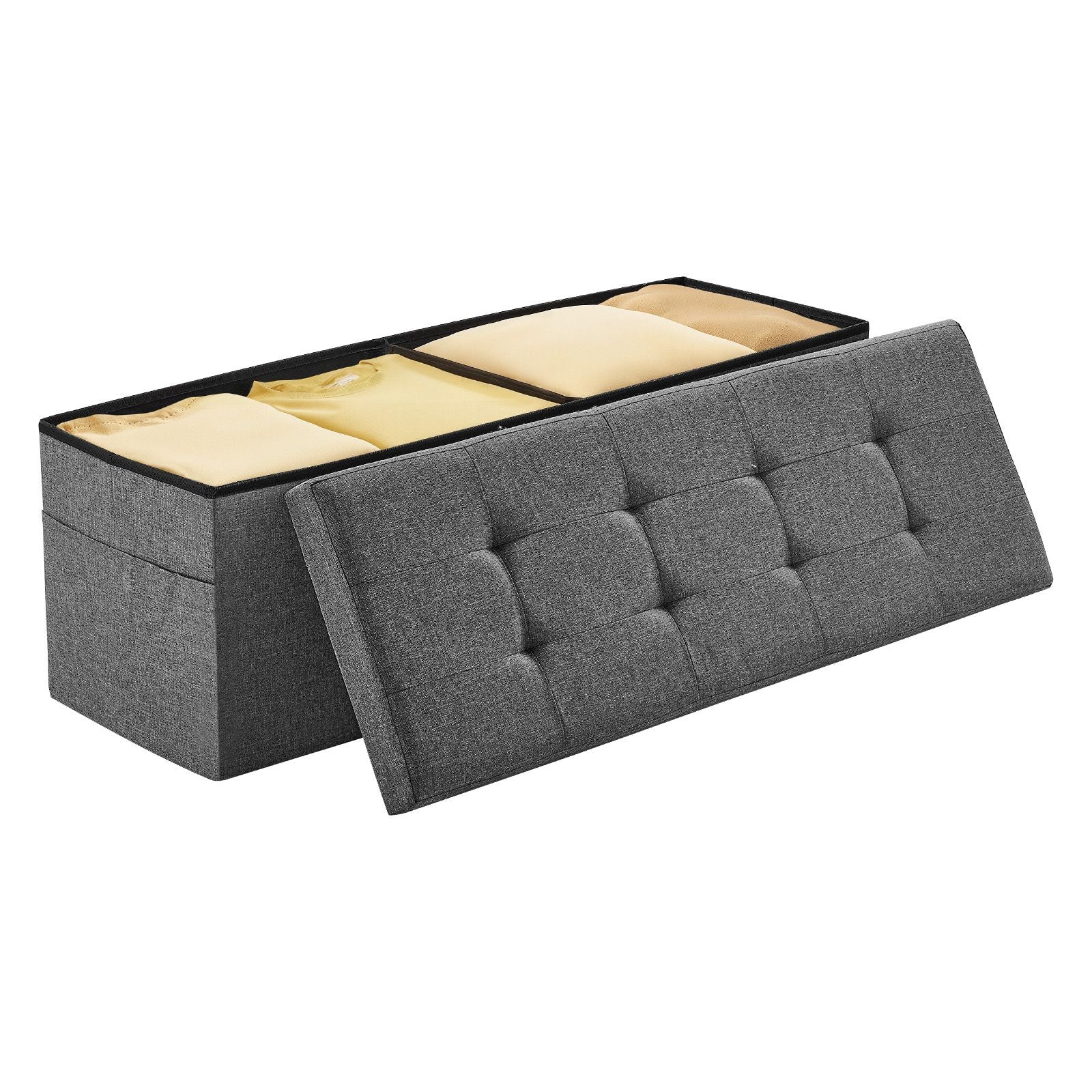 Foldable Storage Ottoman Bench, End of Bed Bench with Side Bags, Folding Upholstered Storage Chest Supports 660 lbs, Linen Bed Ottoman with Large Space for Living Room, Bedroom, Entryway, Grey Bedworld
