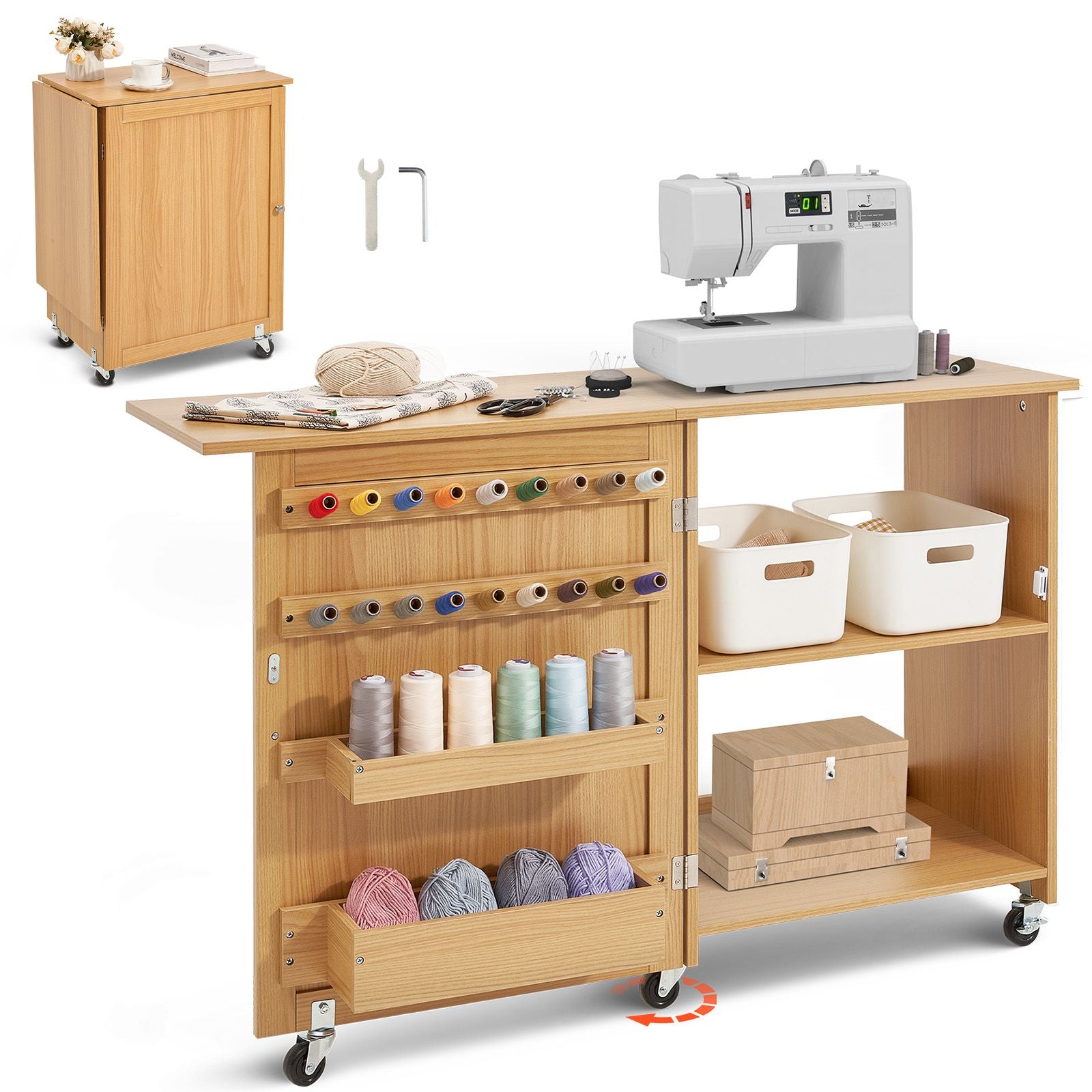Folding Sewing Table with Lockable Wheels Shelves Trays Door Wood Color Bedworld