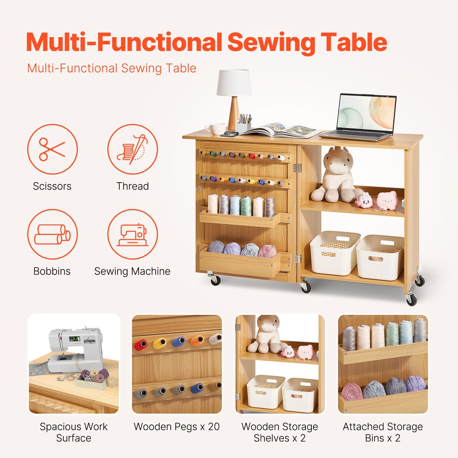 Folding Sewing Table with Lockable Wheels Shelves Trays Door Wood Color Bedworld
