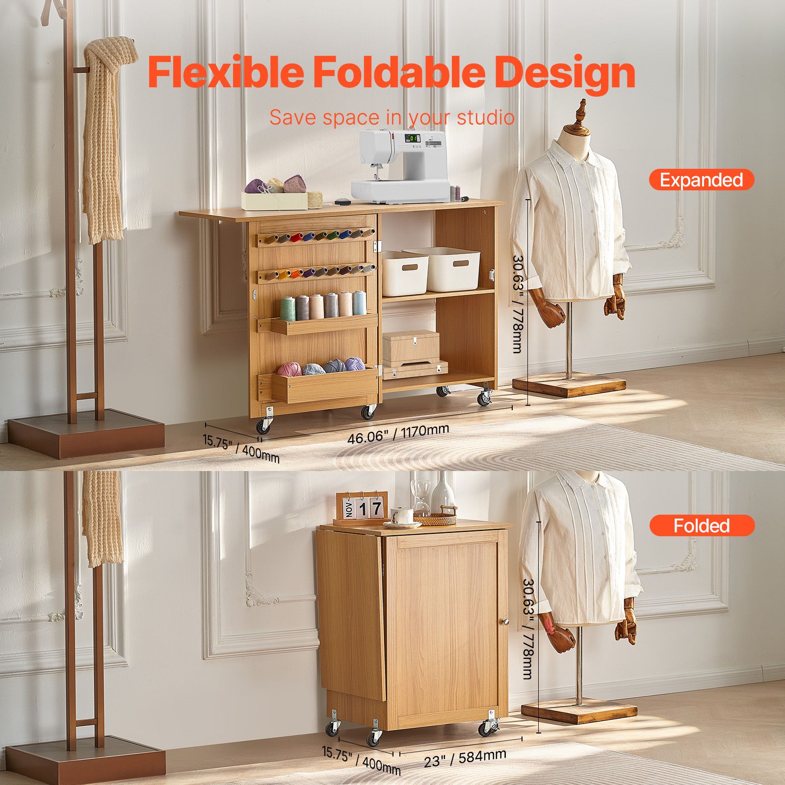 Folding Sewing Table with Lockable Wheels Shelves Trays Door Wood Color Bedworld