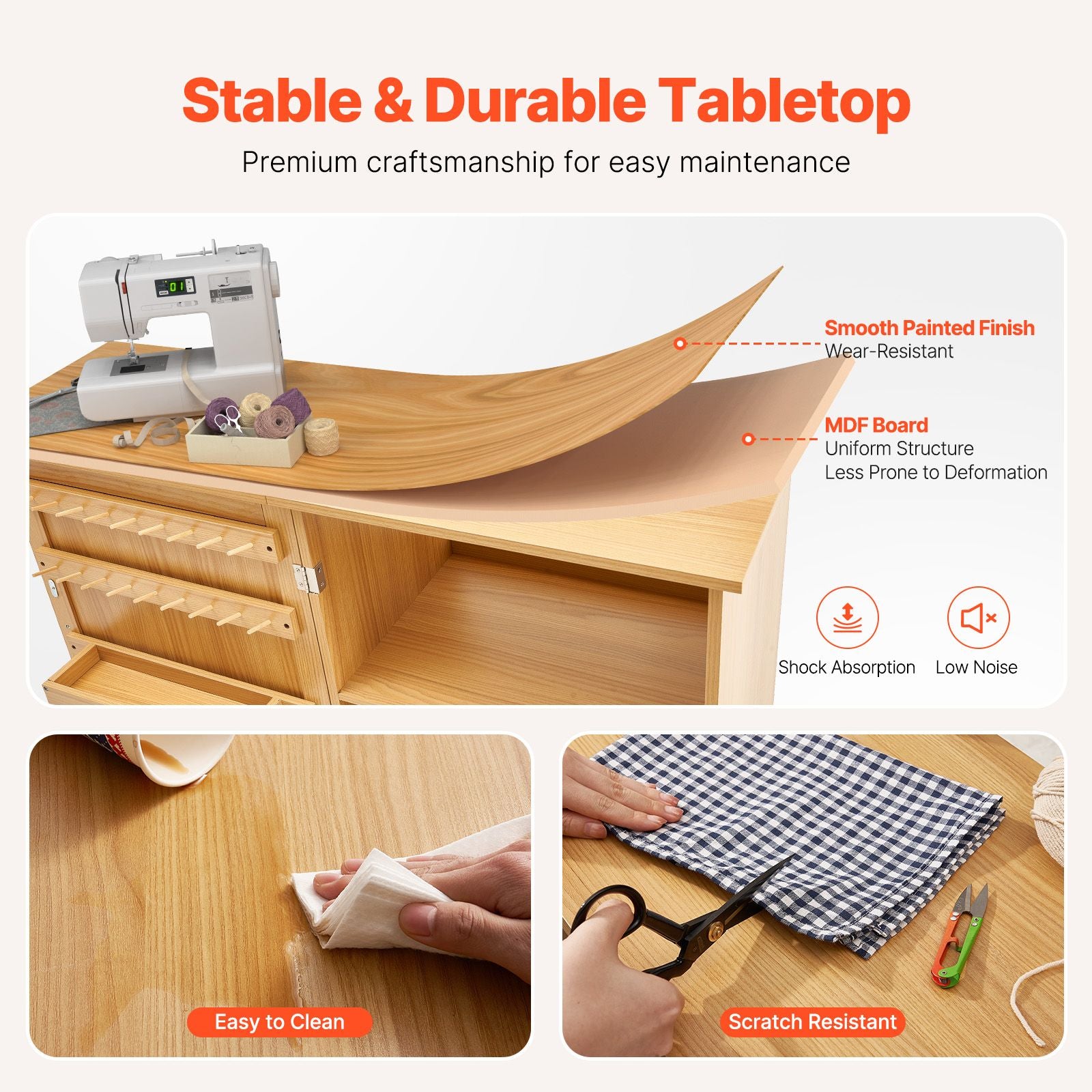 Folding Sewing Table with Lockable Wheels Shelves Trays Door Wood Color Bedworld
