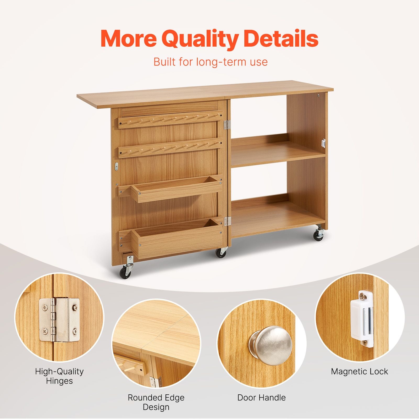 Folding Sewing Table with Lockable Wheels Shelves Trays Door Wood Color Bedworld