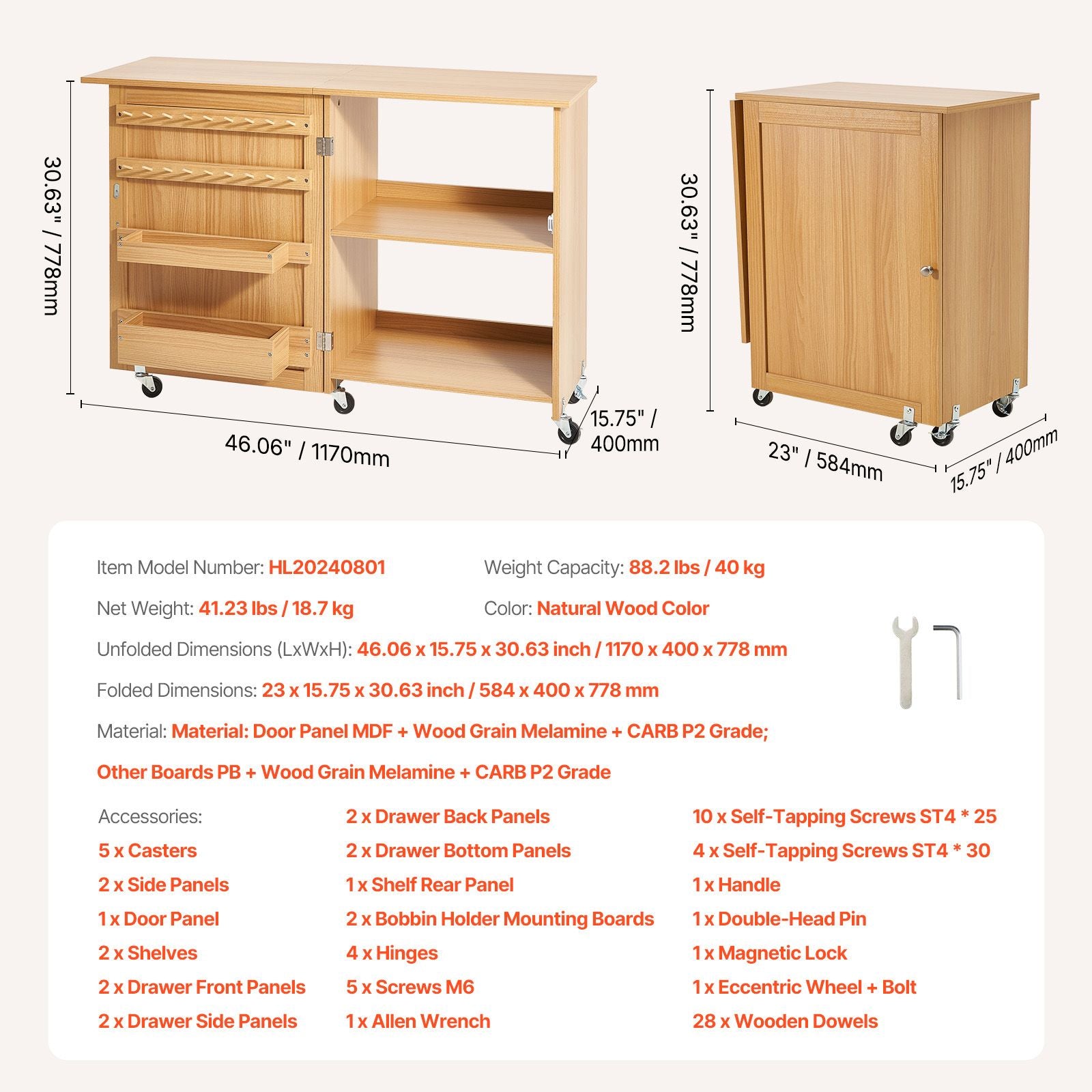 Folding Sewing Table with Lockable Wheels Shelves Trays Door Wood Color Bedworld