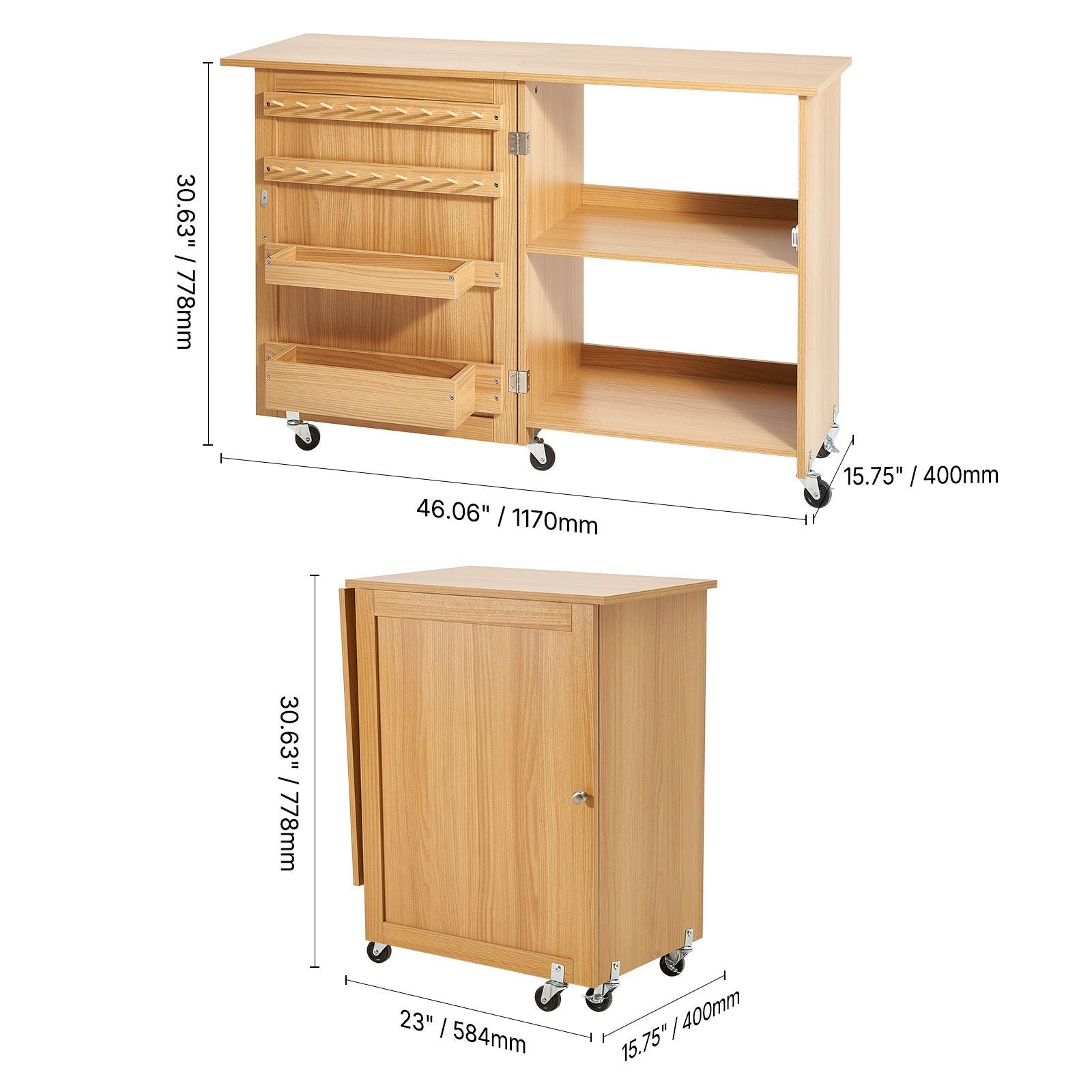 Folding Sewing Table with Lockable Wheels Shelves Trays Door Wood Color Bedworld