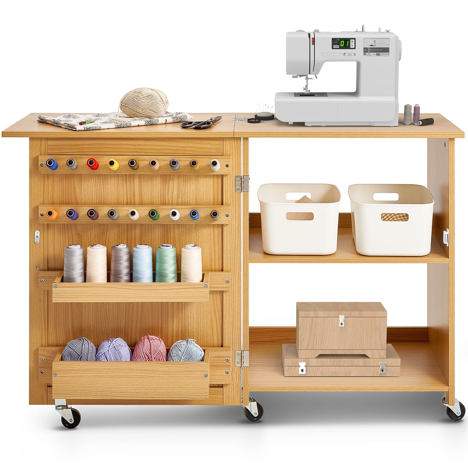 Folding Sewing Table with Lockable Wheels Shelves Trays Door Wood Color Bedworld
