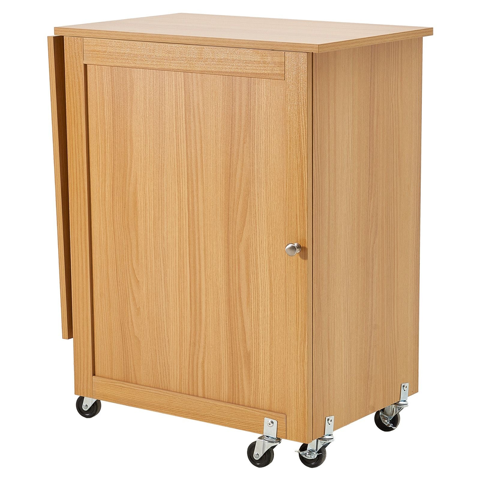 Folding Sewing Table with Lockable Wheels Shelves Trays Door Wood Color Bedworld