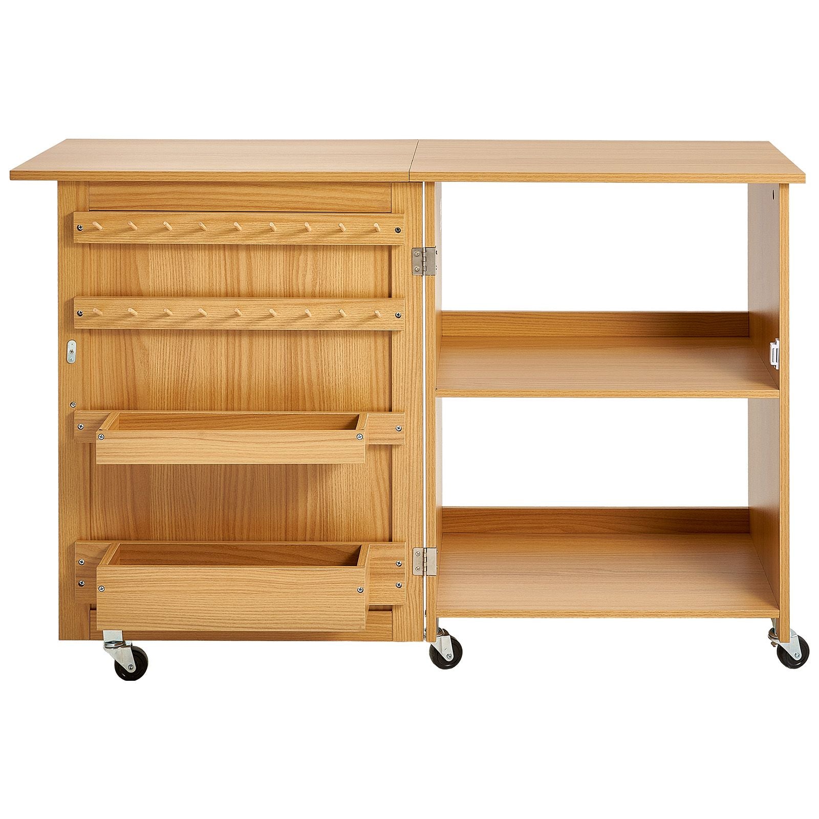 Folding Sewing Table with Lockable Wheels Shelves Trays Door Wood Color Bedworld