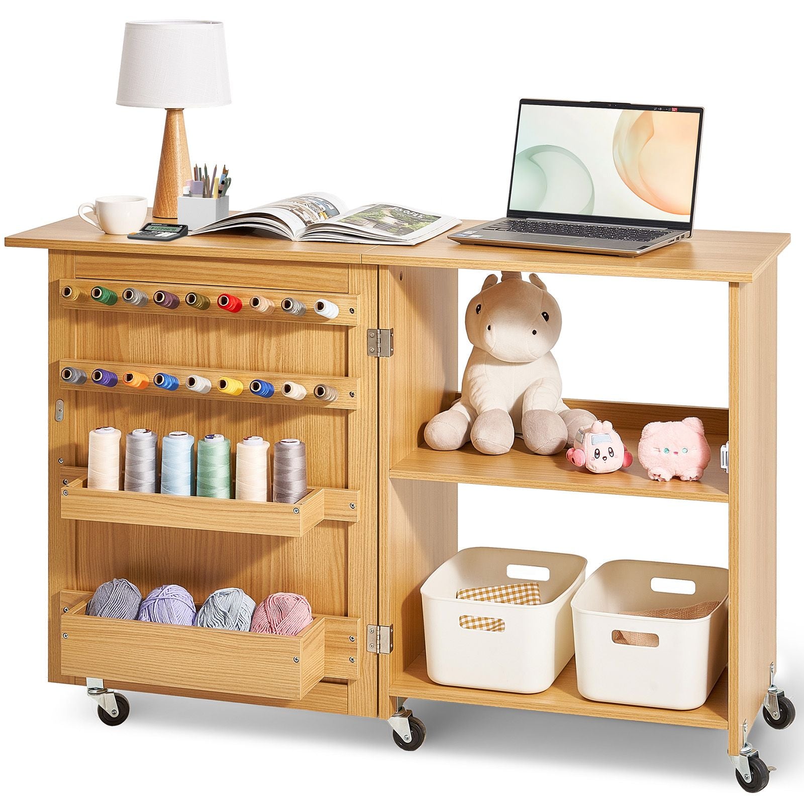 Folding Sewing Table with Lockable Wheels Shelves Trays Door Wood Color Bedworld