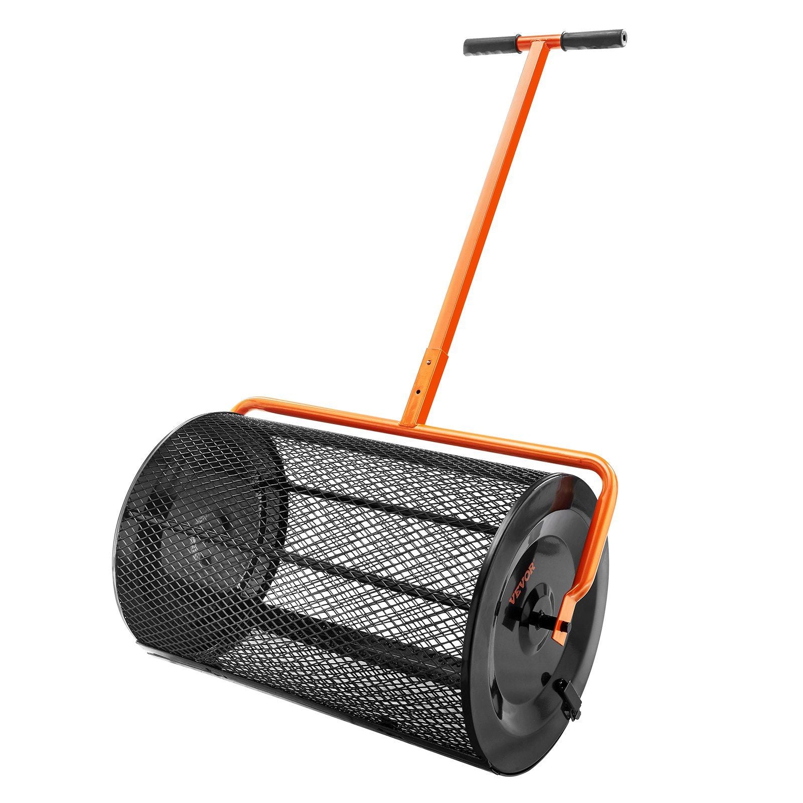 Compost Spreader, 24.4-25.6 Height Adjustable Handle, 24 Wide, Lawn and Garden Peat Moss Roller with Side Latches, Powder Coated Steel Mesh Basket for Spreading Manure, Topsoil, Black