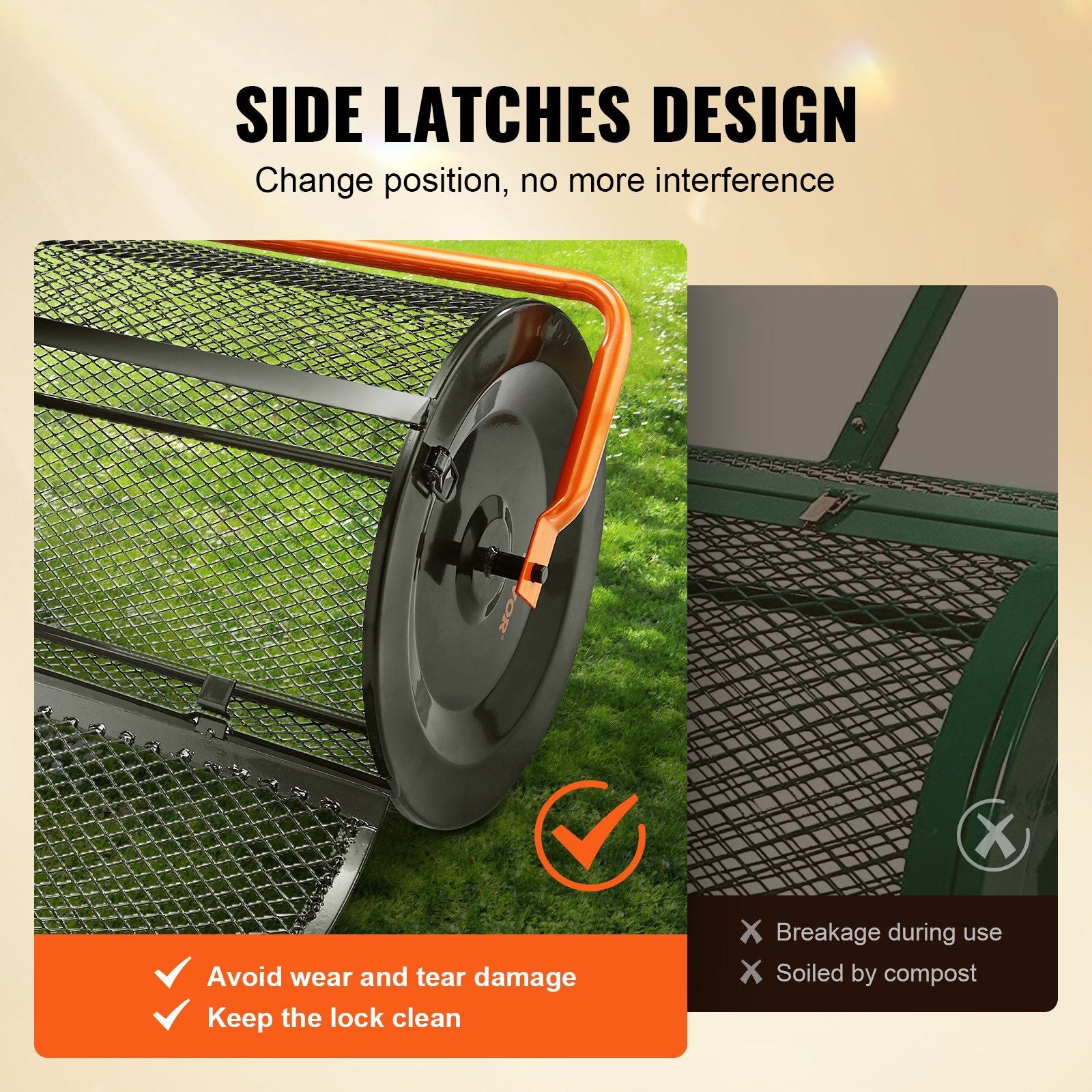 Compost Spreader, 24.4-25.6 Height Adjustable Handle, 24 Wide, Lawn and Garden Peat Moss Roller with Side Latches, Powder Coated Steel Mesh Basket for Spreading Manure, Topsoil, Black