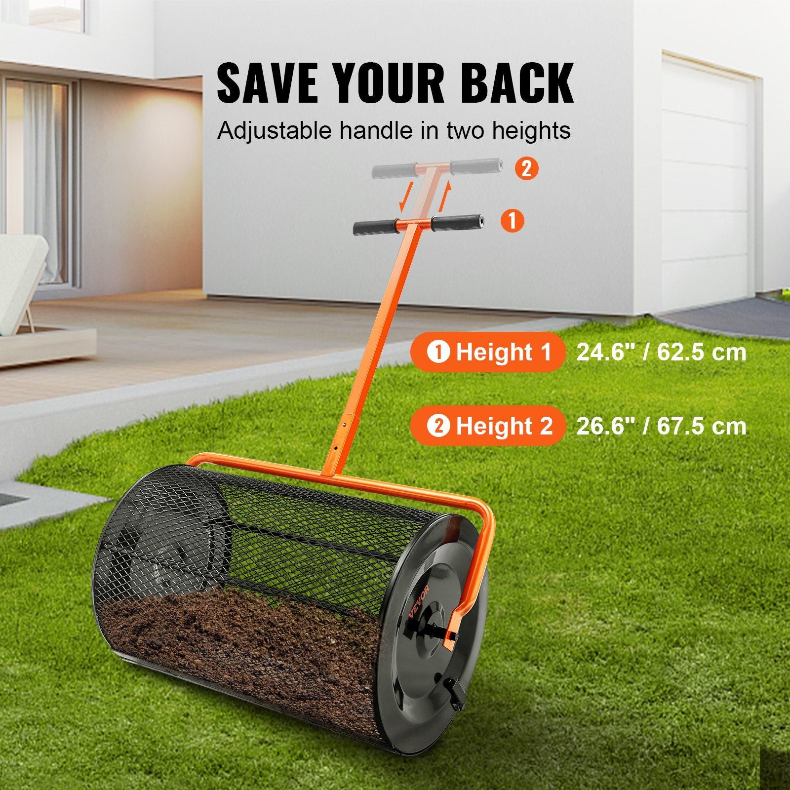 Compost Spreader, 24.4-25.6 Height Adjustable Handle, 24 Wide, Lawn and Garden Peat Moss Roller with Side Latches, Powder Coated Steel Mesh Basket for Spreading Manure, Topsoil, Black
