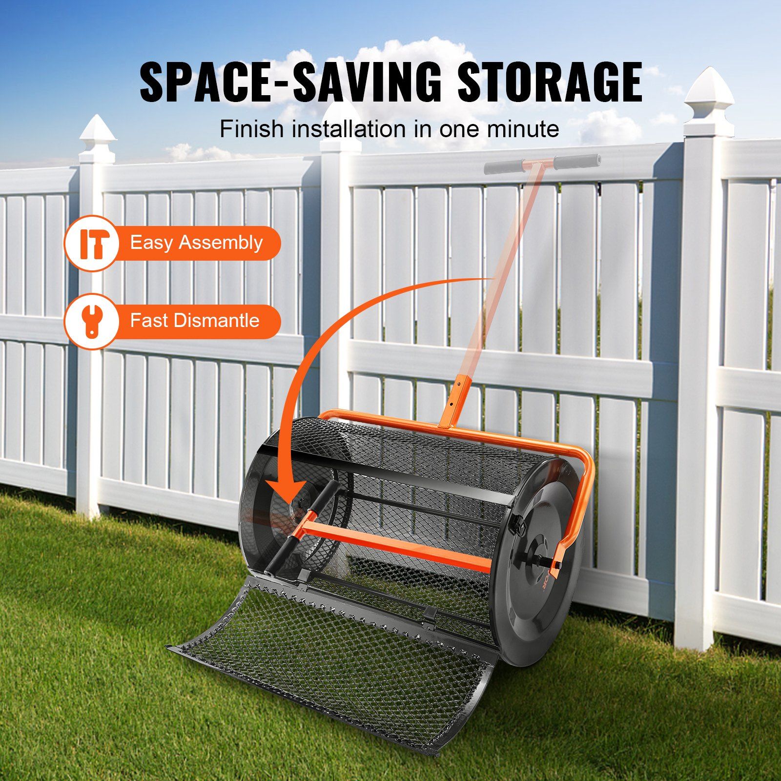 Compost Spreader, 24.4-25.6 Height Adjustable Handle, 24 Wide, Lawn and Garden Peat Moss Roller with Side Latches, Powder Coated Steel Mesh Basket for Spreading Manure, Topsoil, Black