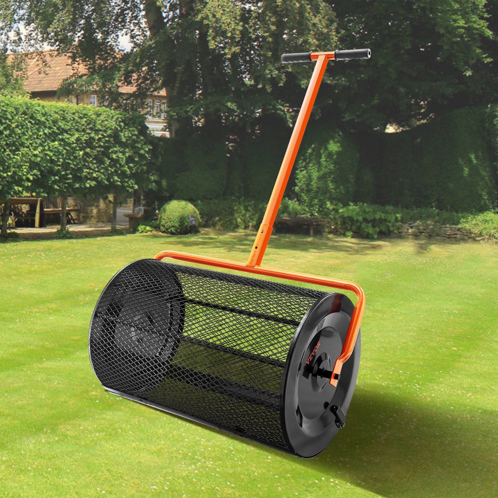 Compost Spreader, 24.4-25.6 Height Adjustable Handle, 24 Wide, Lawn and Garden Peat Moss Roller with Side Latches, Powder Coated Steel Mesh Basket for Spreading Manure, Topsoil, Black