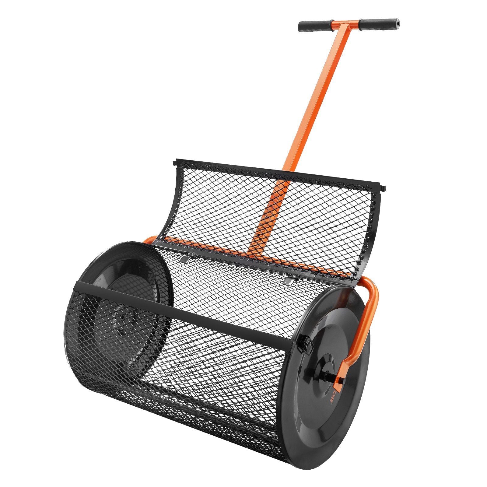 Compost Spreader, 24.4-25.6 Height Adjustable Handle, 24 Wide, Lawn and Garden Peat Moss Roller with Side Latches, Powder Coated Steel Mesh Basket for Spreading Manure, Topsoil, Black
