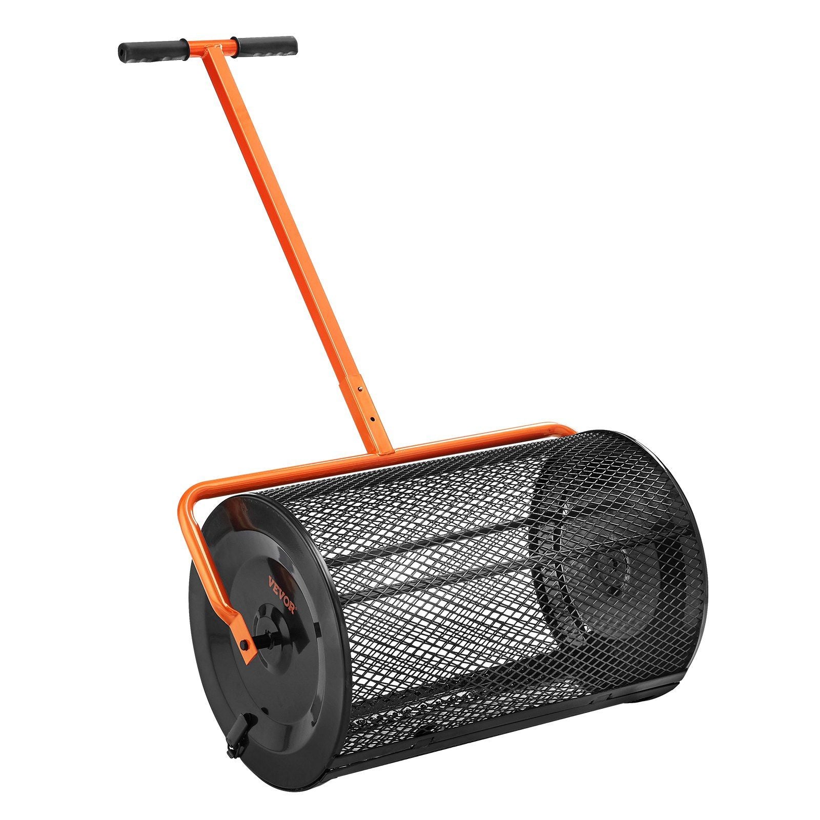 Compost Spreader, 24.4-25.6 Height Adjustable Handle, 24 Wide, Lawn and Garden Peat Moss Roller with Side Latches, Powder Coated Steel Mesh Basket for Spreading Manure, Topsoil, Black