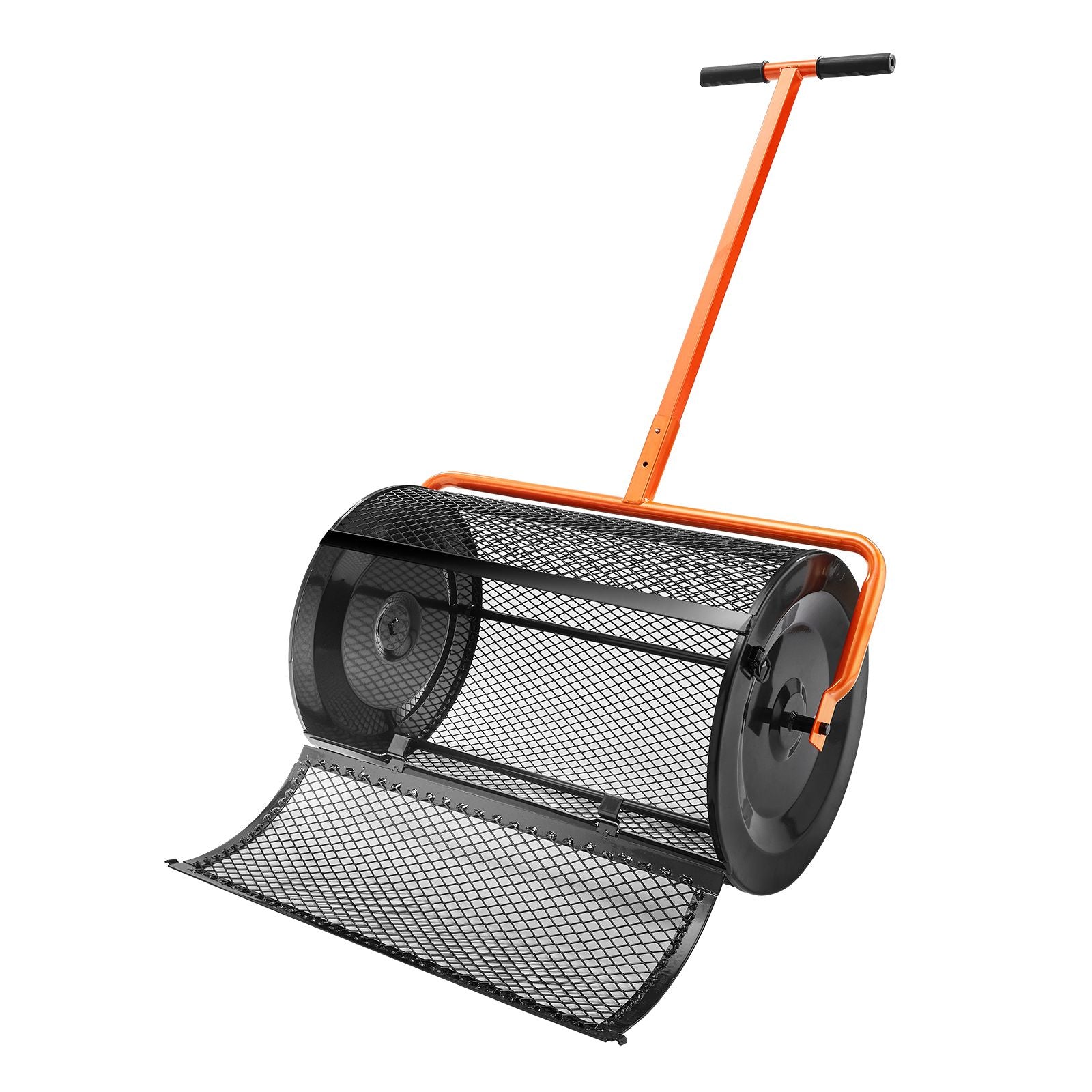 Compost Spreader, 24.4-25.6 Height Adjustable Handle, 24 Wide, Lawn and Garden Peat Moss Roller with Side Latches, Powder Coated Steel Mesh Basket for Spreading Manure, Topsoil, Black Bedworld