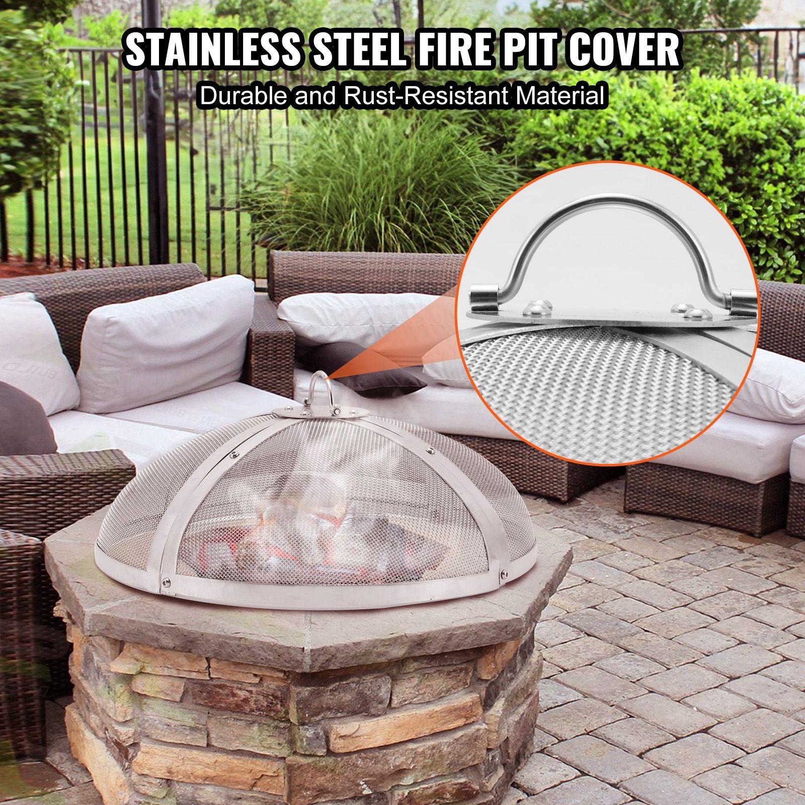 Fire Pit Spark Screen Round 40, Reinforced Heavy Duty Steel Metal Cover, Outdoor Firepit Lid, Easy-Opening Top Screen Covers Round with Ring Handle for Outdoor Patio Fire Pits Backyard Bedworld