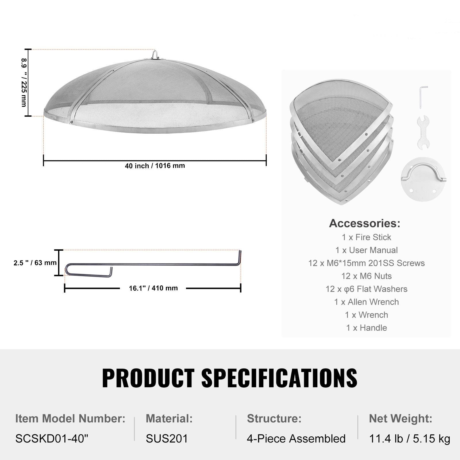 Fire Pit Spark Screen Round 40, Reinforced Heavy Duty Steel Metal Cover, Outdoor Firepit Lid, Easy-Opening Top Screen Covers Round with Ring Handle for Outdoor Patio Fire Pits Backyard Bedworld