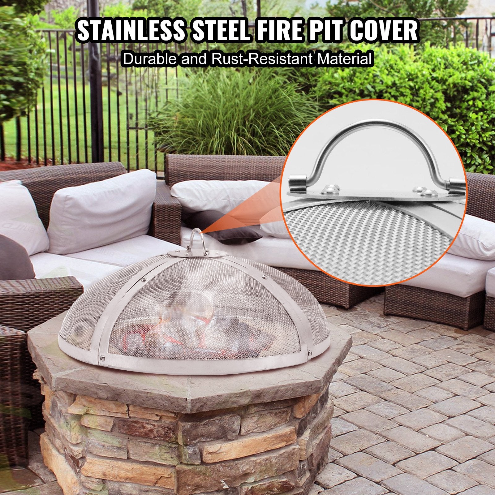 Fire Pit Spark Screen Round 40, Reinforced Heavy Duty Steel Metal Cover, Outdoor Firepit Lid, Easy-Opening Top Screen Covers Round with Ring Handle for Outdoor Patio Fire Pits Backyard