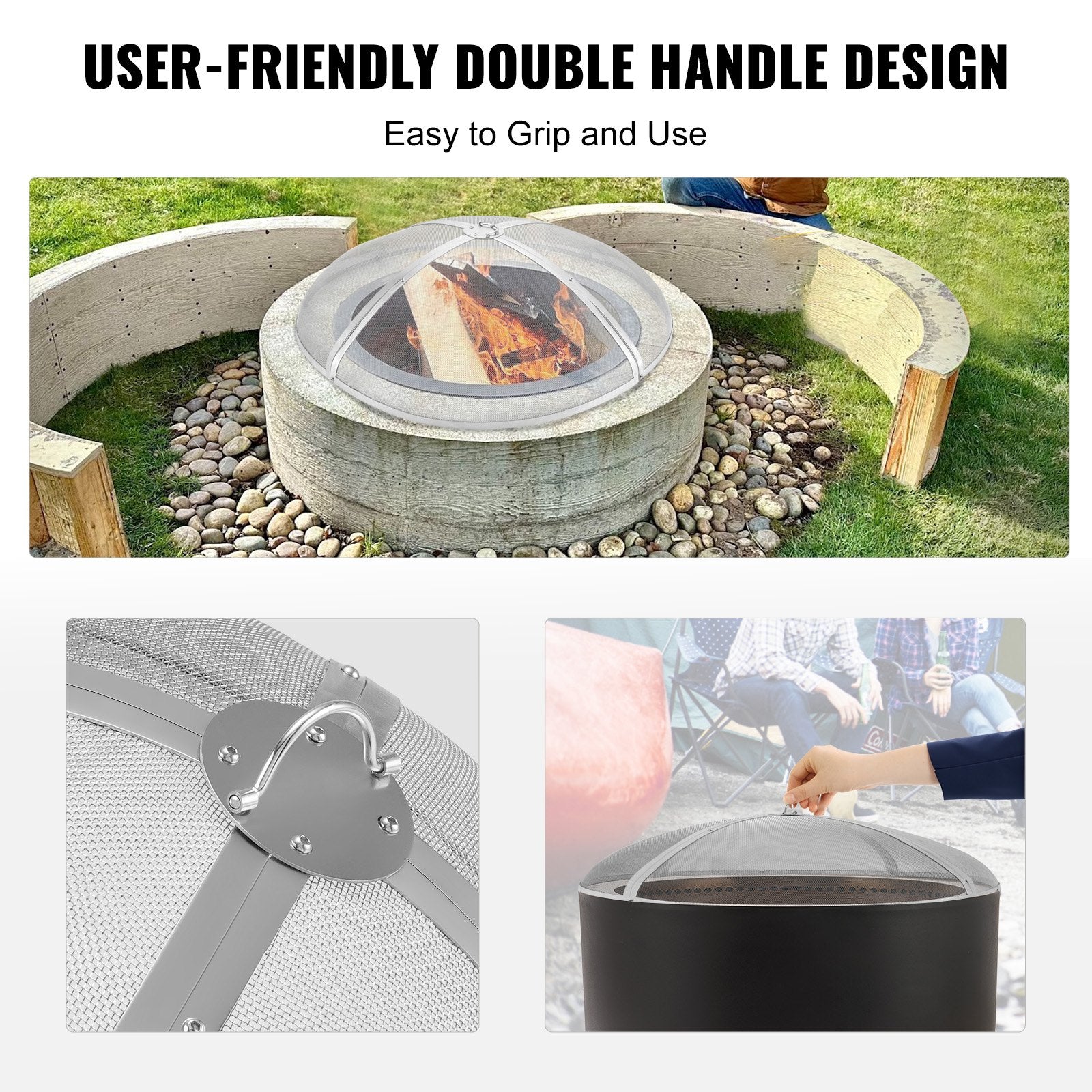 Fire Pit Spark Screen Round 40, Reinforced Heavy Duty Steel Metal Cover, Outdoor Firepit Lid, Easy-Opening Top Screen Covers Round with Ring Handle for Outdoor Patio Fire Pits Backyard