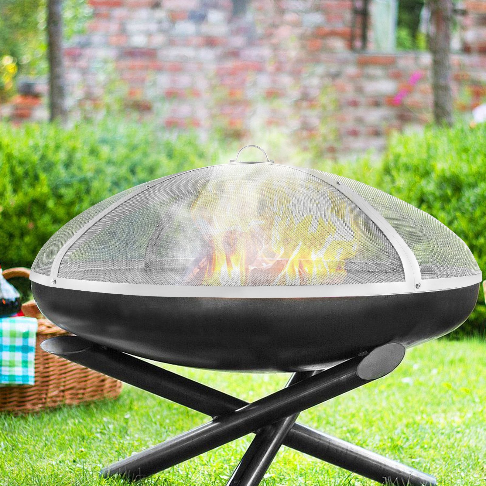 Fire Pit Spark Screen Round 40, Reinforced Heavy Duty Steel Metal Cover, Outdoor Firepit Lid, Easy-Opening Top Screen Covers Round with Ring Handle for Outdoor Patio Fire Pits Backyard