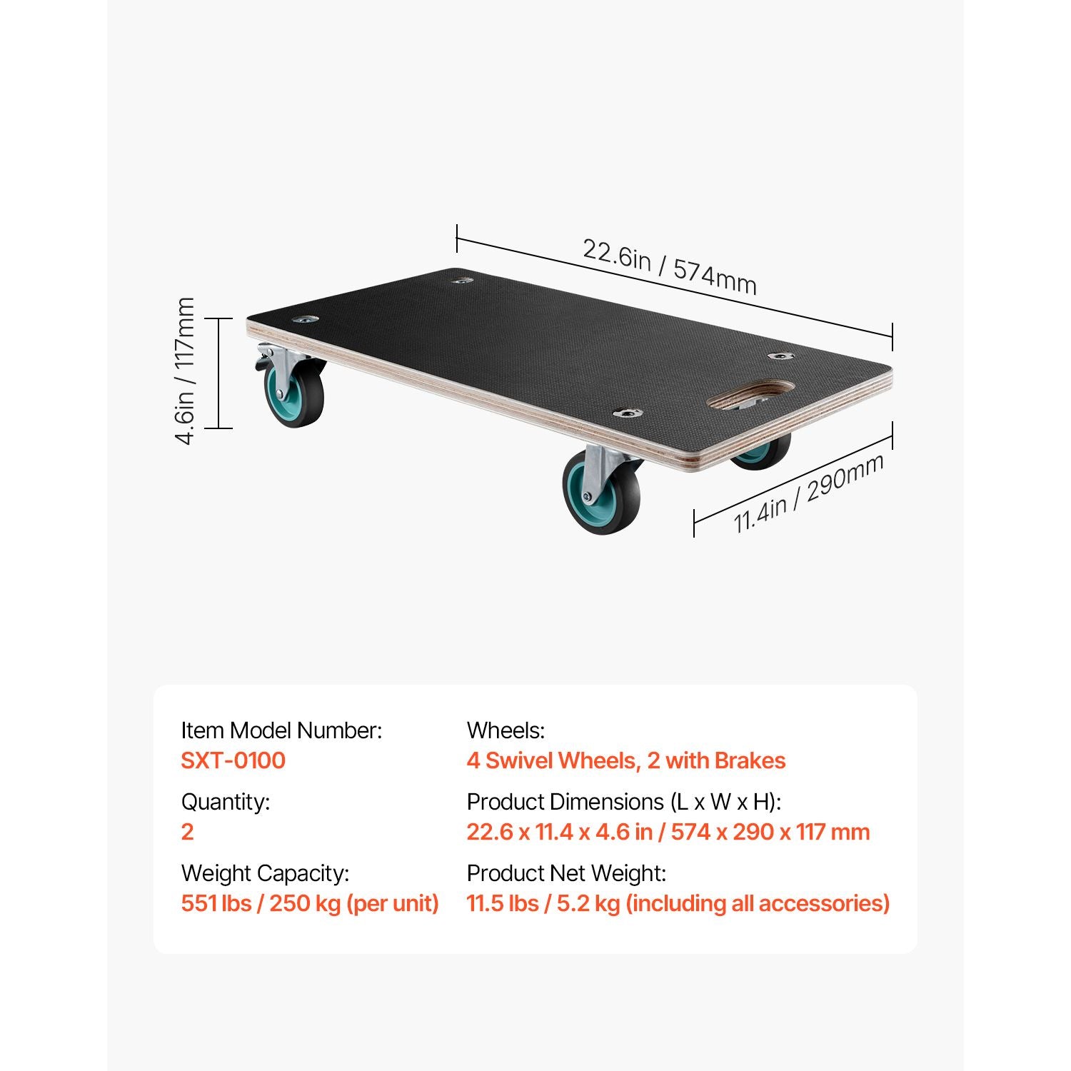 Furniture Dolly, 551 lbs Load Capacity, Furniture Moving Dollies with 4 TPR Silent Wheels, Rectangle Multifunctional Flat Dolly for Piano Furniture Couch Washing Machine Fridge, 2 Pack, Black Bedworld