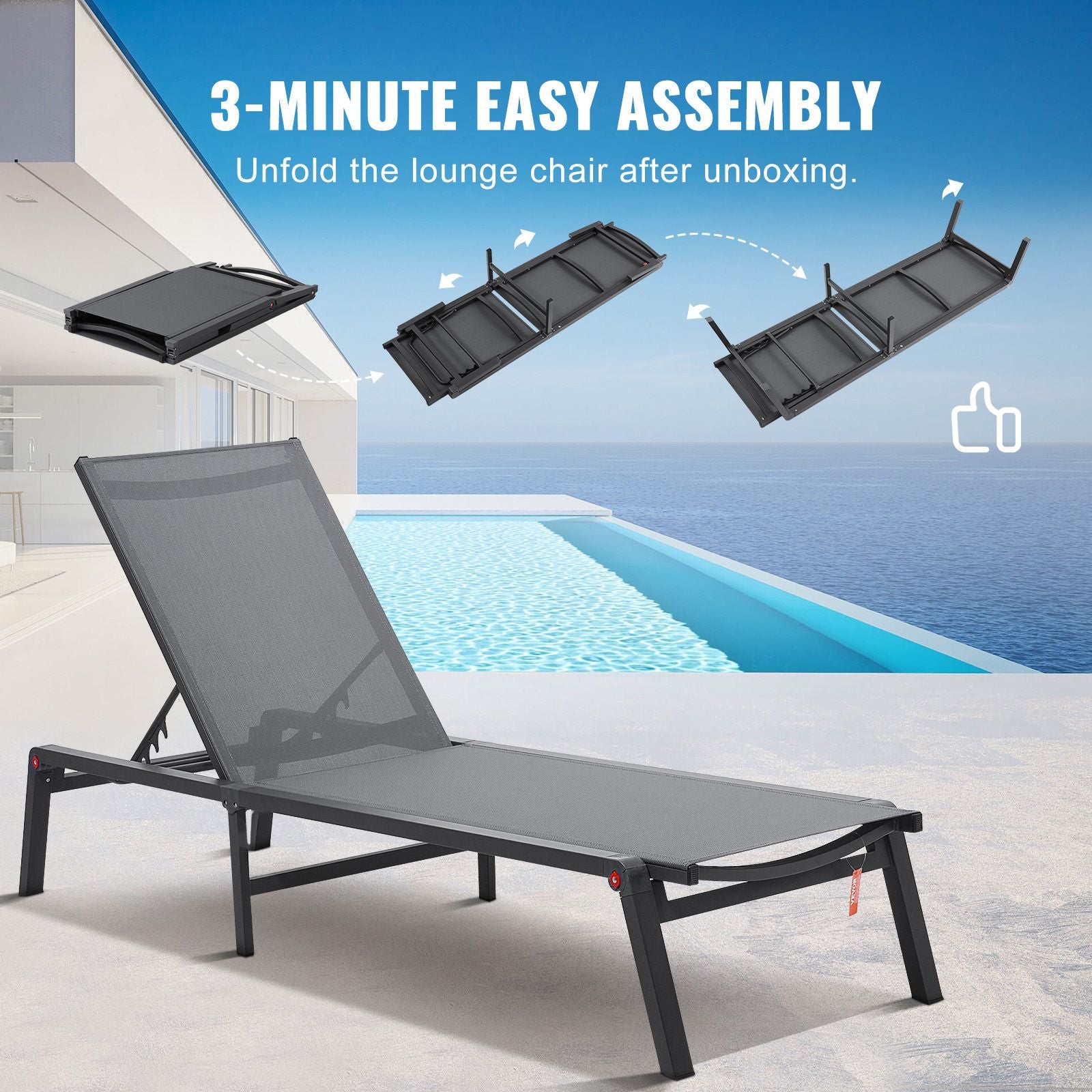Chaise Lounge Chair Outdoor, Aluminum Patio Lounge Chair with Adjustable 5-Position, Folding Pool Lounge Chair Recliner and Full Flat Tanning Chair for Patio, Beach, Pool, Dark Grey Bedworld