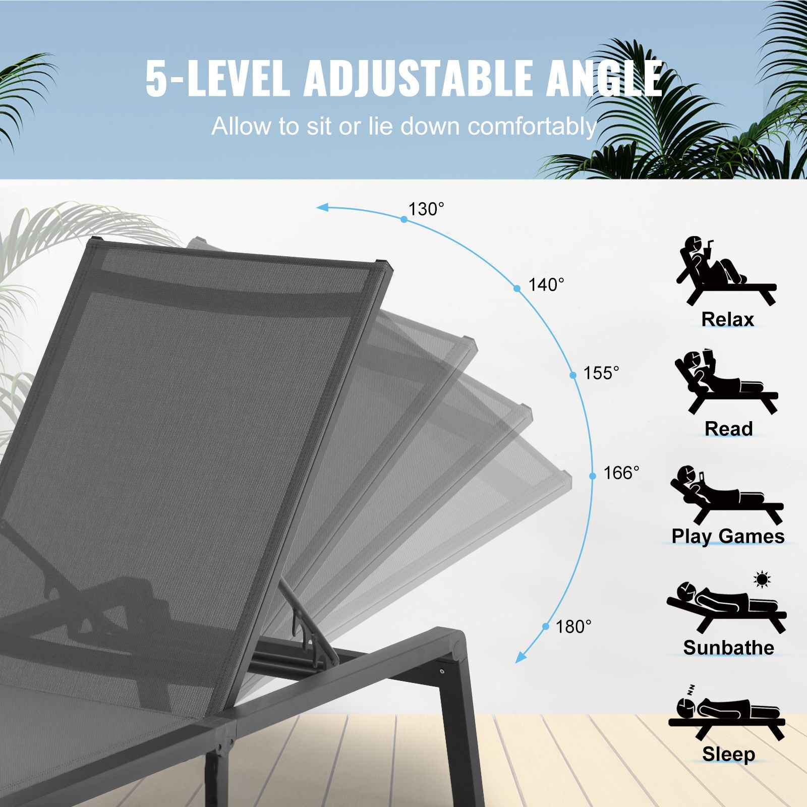 Chaise Lounge Chair Outdoor, Aluminum Patio Lounge Chair with Adjustable 5-Position, Folding Pool Lounge Chair Recliner and Full Flat Tanning Chair for Patio, Beach, Pool, Dark Grey Bedworld