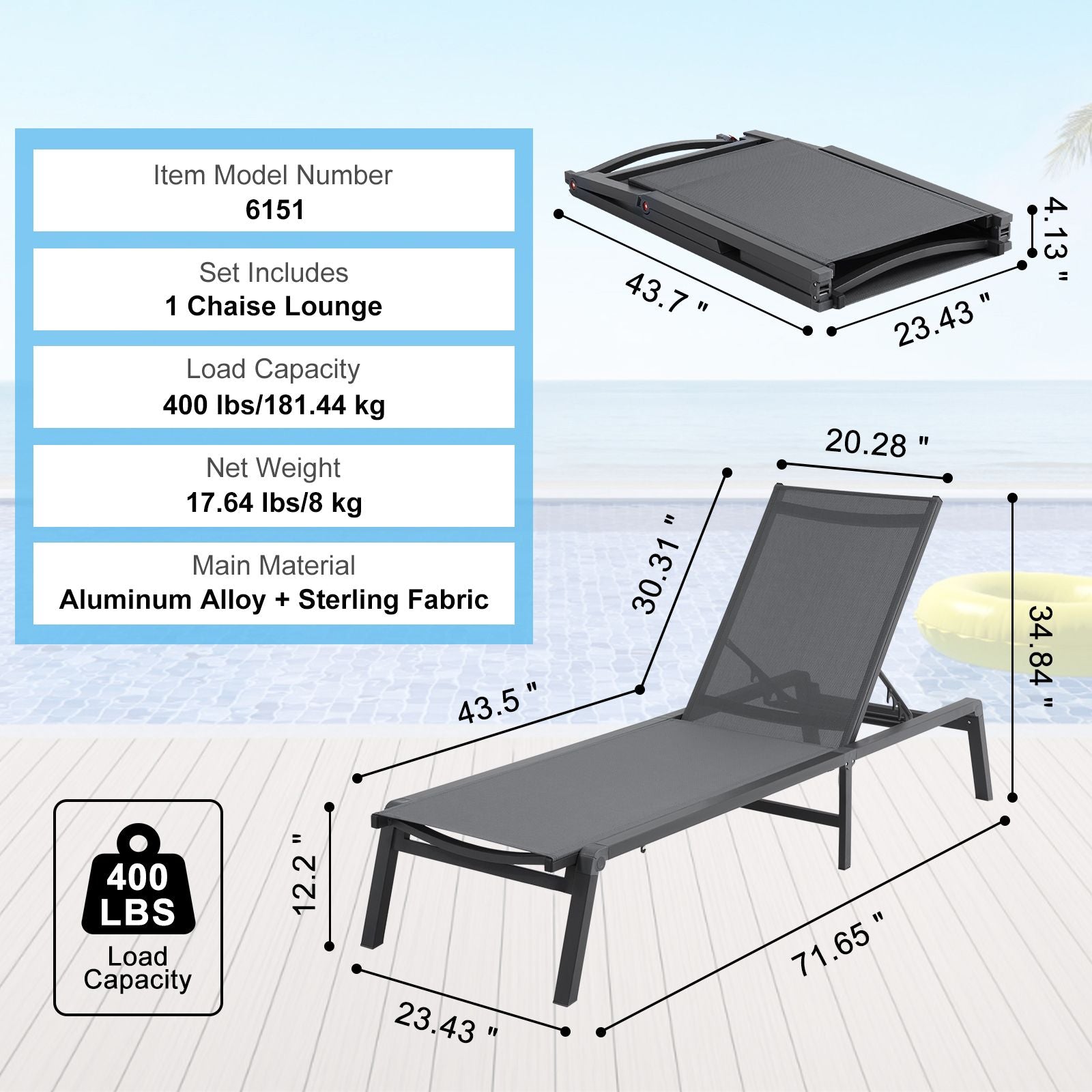 Chaise Lounge Chair Outdoor, Aluminum Patio Lounge Chair with Adjustable 5-Position, Folding Pool Lounge Chair Recliner and Full Flat Tanning Chair for Patio, Beach, Pool, Dark Grey Bedworld