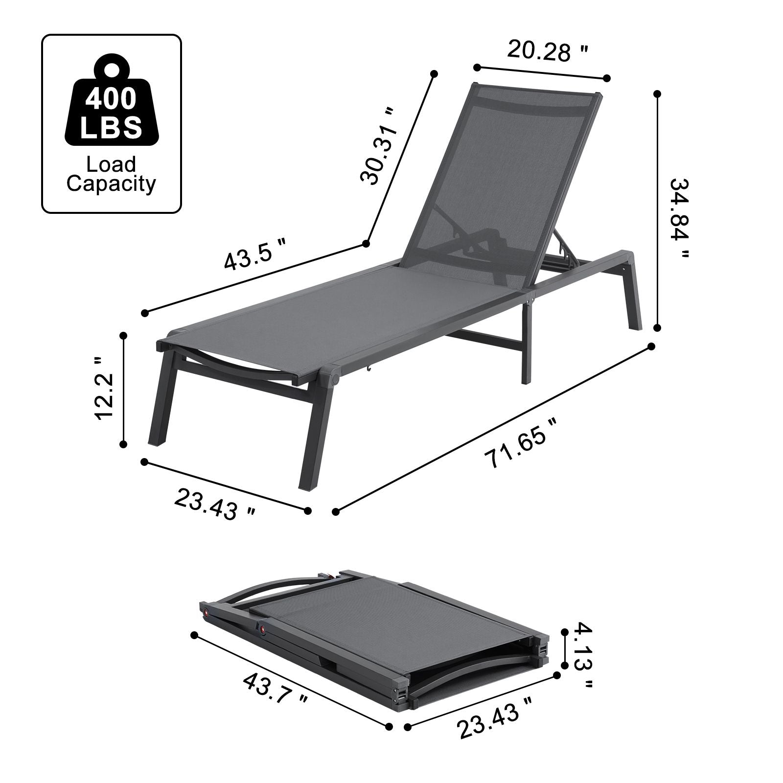 Chaise Lounge Chair Outdoor, Aluminum Patio Lounge Chair with Adjustable 5-Position, Folding Pool Lounge Chair Recliner and Full Flat Tanning Chair for Patio, Beach, Pool, Dark Grey Bedworld