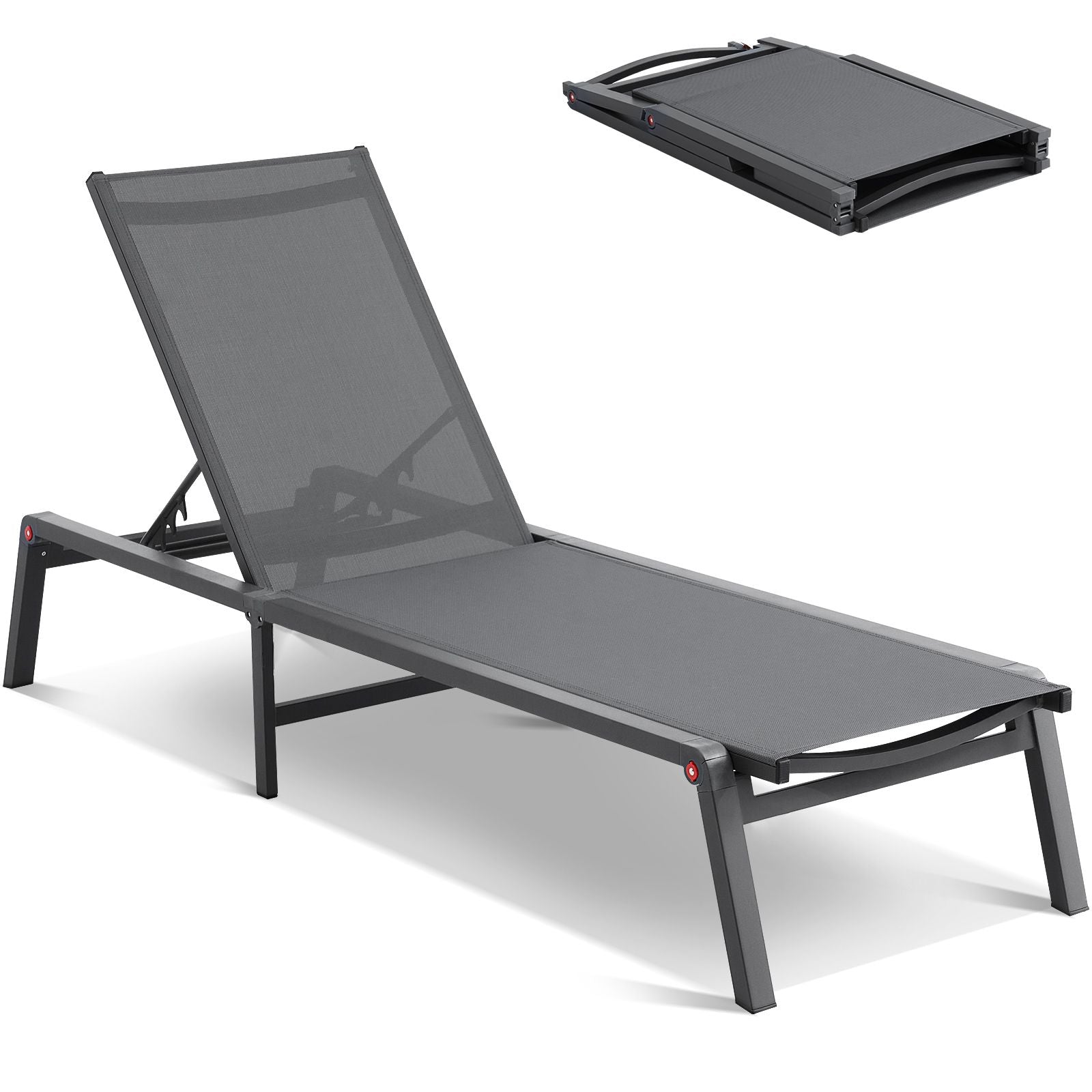 Chaise Lounge Chair Outdoor, Aluminum Patio Lounge Chair with Adjustable 5-Position, Folding Pool Lounge Chair Recliner and Full Flat Tanning Chair for Patio, Beach, Pool, Dark Grey Bedworld