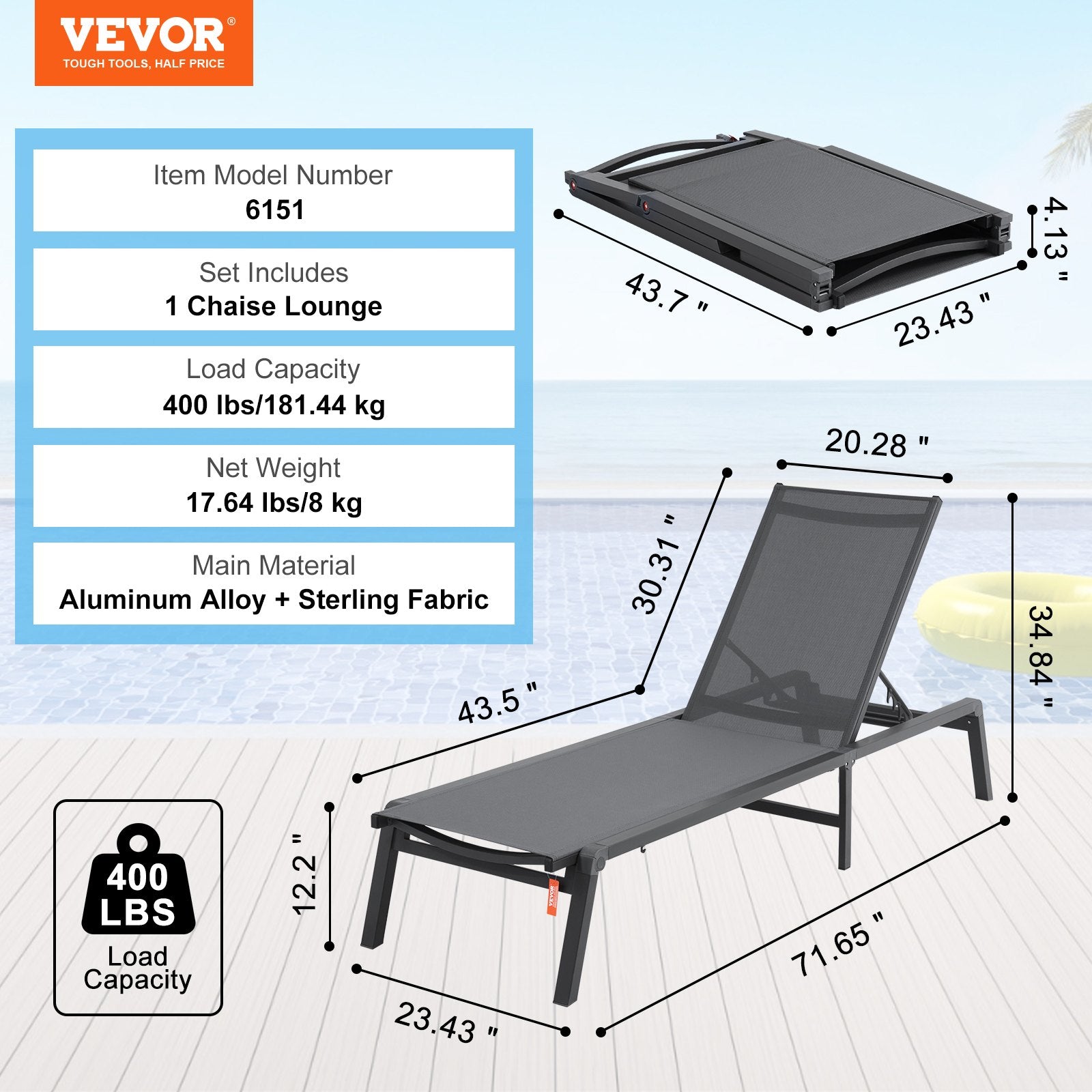 Chaise Lounge Chair Outdoor, Aluminum Patio Lounge Chair with Adjustable 5-Position, Folding Pool Lounge Chair Recliner and Full Flat Tanning Chair for Patio, Beach, Pool, Dark Grey