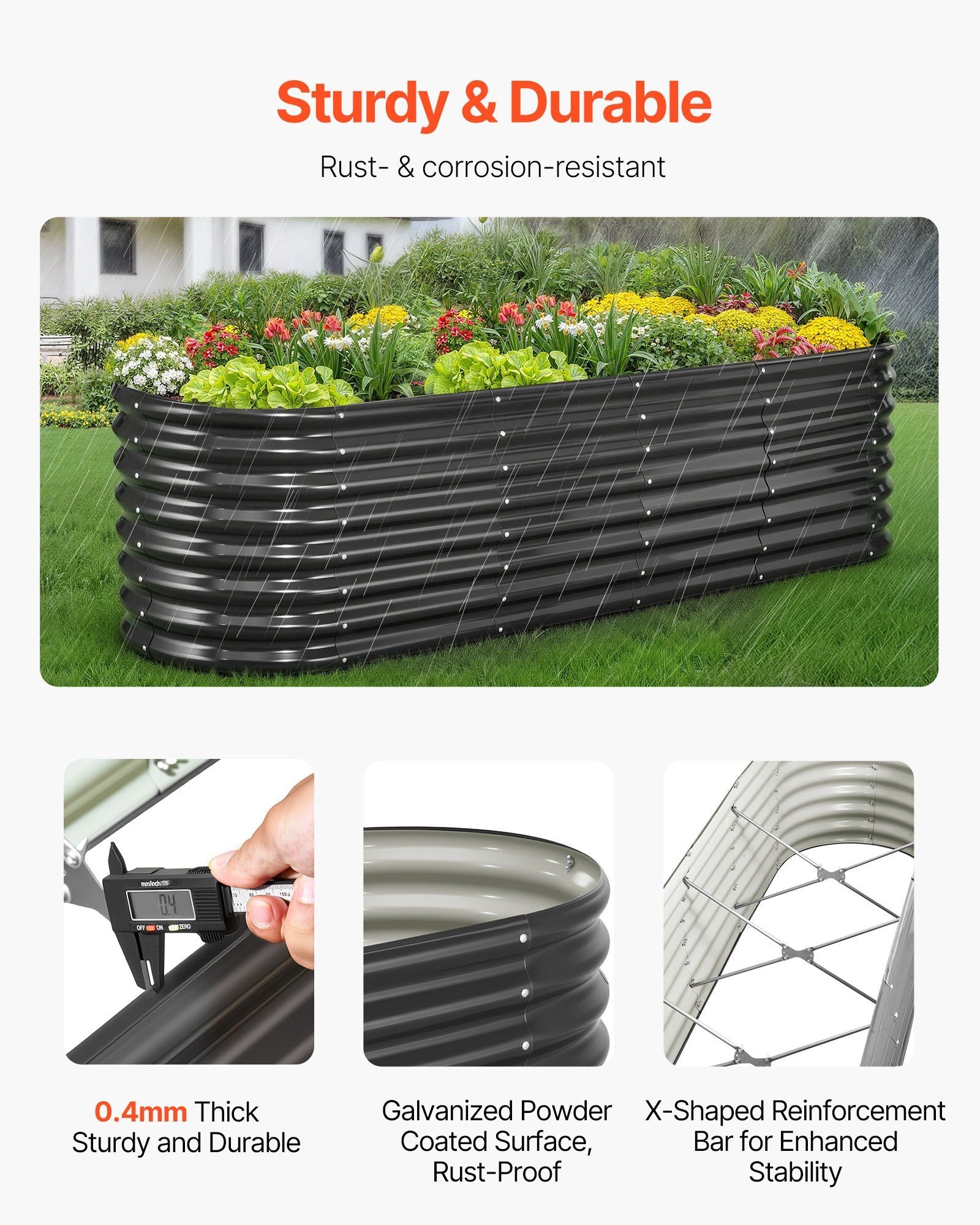 Metal Raised Garden Bed, 2.4 x 0.6 x 0.6 m Oval Outdoor Galvanized Planter Garden Box, Open Bottom Design, Large Planter Raised Bed for Growing Vegetables, Flowers, Herbs, Succulents, Dark Gray