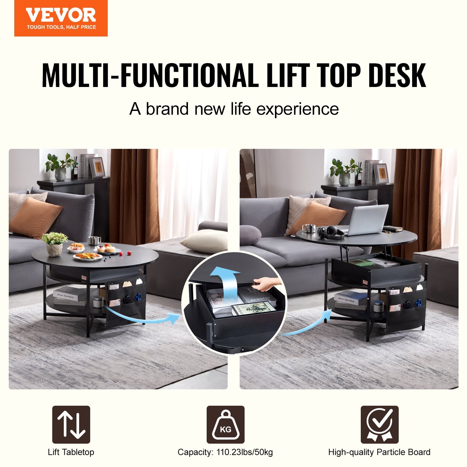 VEVOR Lift Top Coffee Table 35.3" Round Coffee Table for Living Room Black