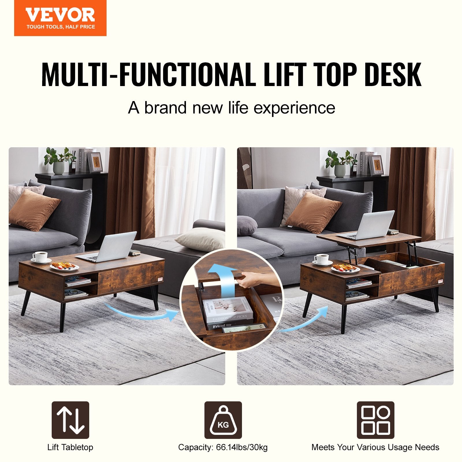 VEVOR Lift Top Coffee Table 39.4 in Rectangle Coffee Table for Living Room Brown