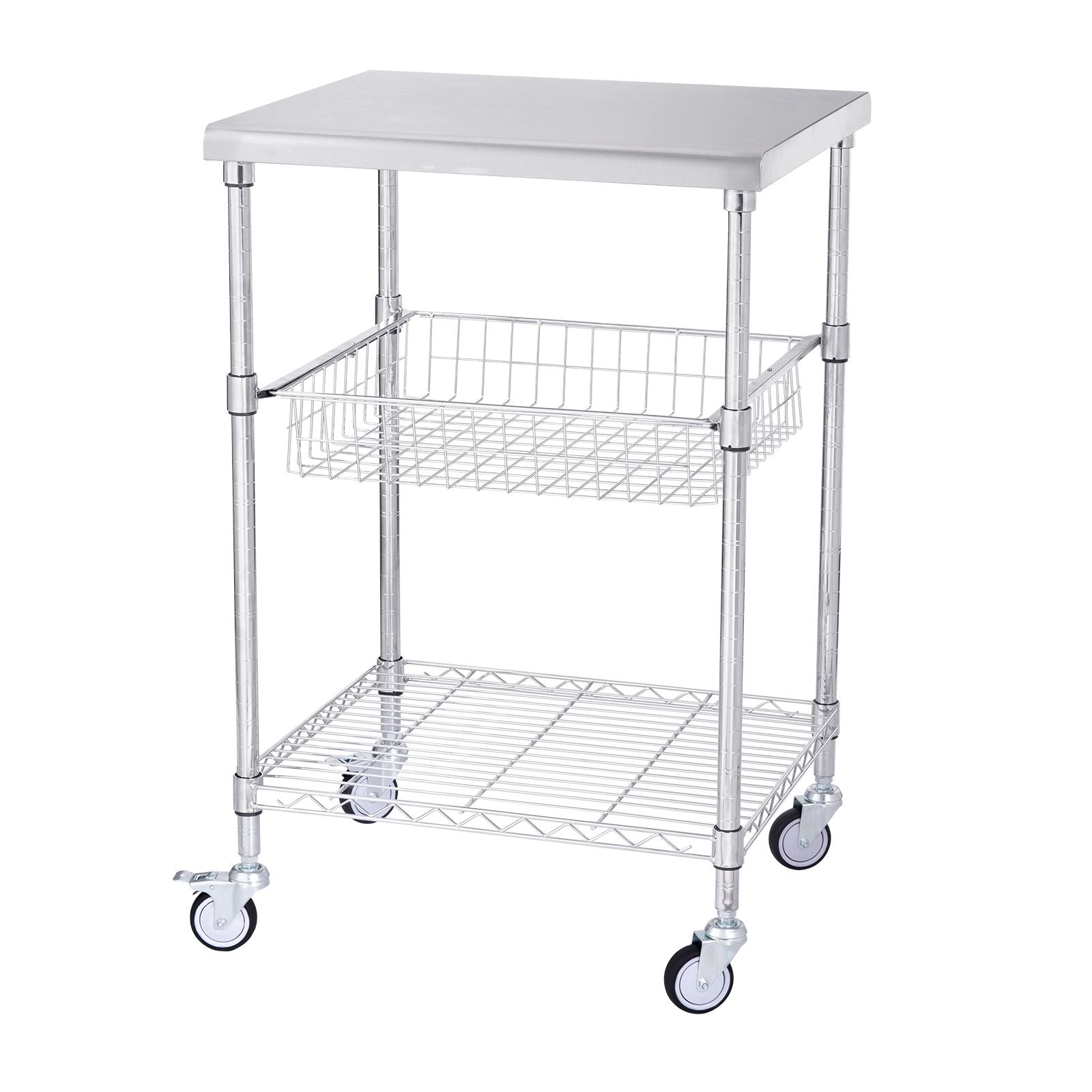 Kitchen Utility Cart, 3 Tiers, Wire Rolling Cart with 213kg Capacity, Steel Service Cart on Wheels, Metal Storage Trolley with 76mm Basket Curved Handle PP Liner 6 Hooks, for Indoor and Outdoor