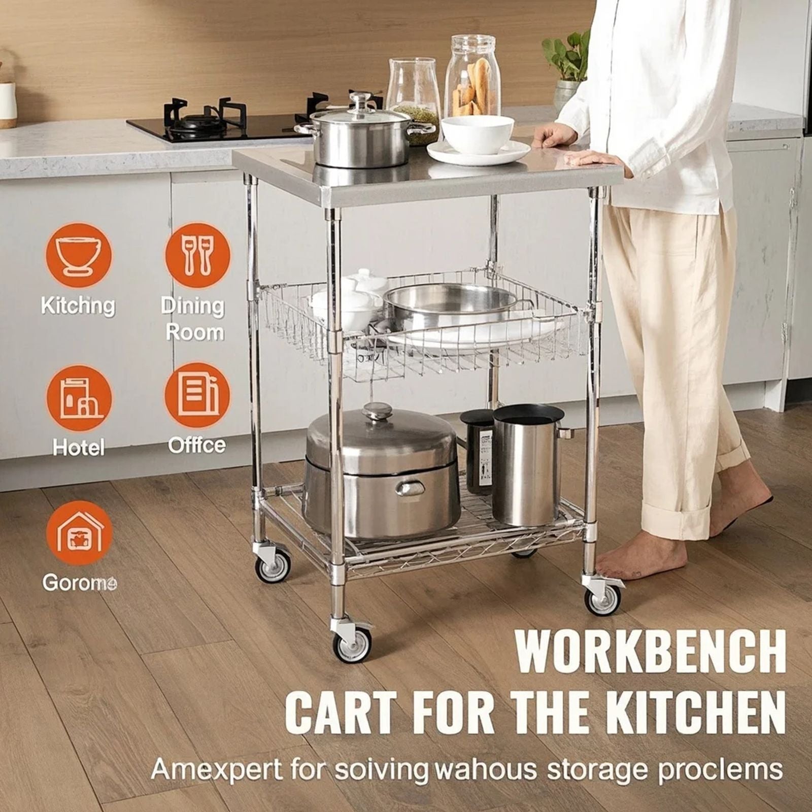 Kitchen Utility Cart, 3 Tiers, Wire Rolling Cart with 213kg Capacity, Steel Service Cart on Wheels, Metal Storage Trolley with 76mm Basket Curved Handle PP Liner 6 Hooks, for Indoor and Outdoor